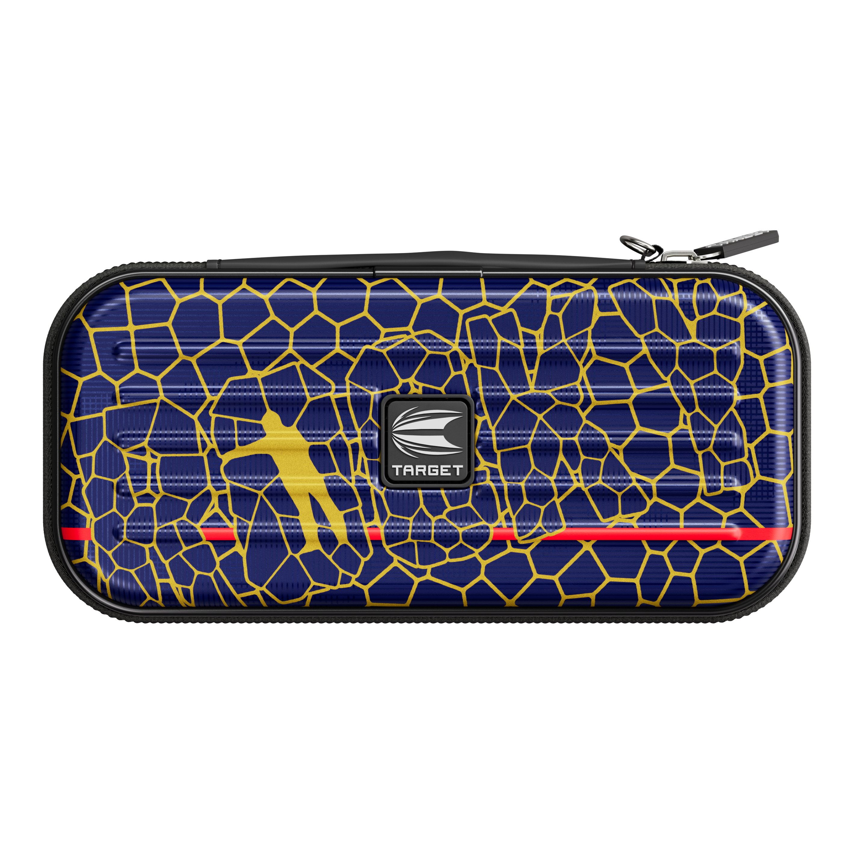 Étui à fléchettes Target Takoma Josh Rock Das Bild zeigt ein Dartcase namens "Target Takoma Josh Rock Dartcase". Das Etui hat ein blaues Muster mit gelben Linien und einem gelben Dartspieler sowie dem Target-Logo in der Mitte.