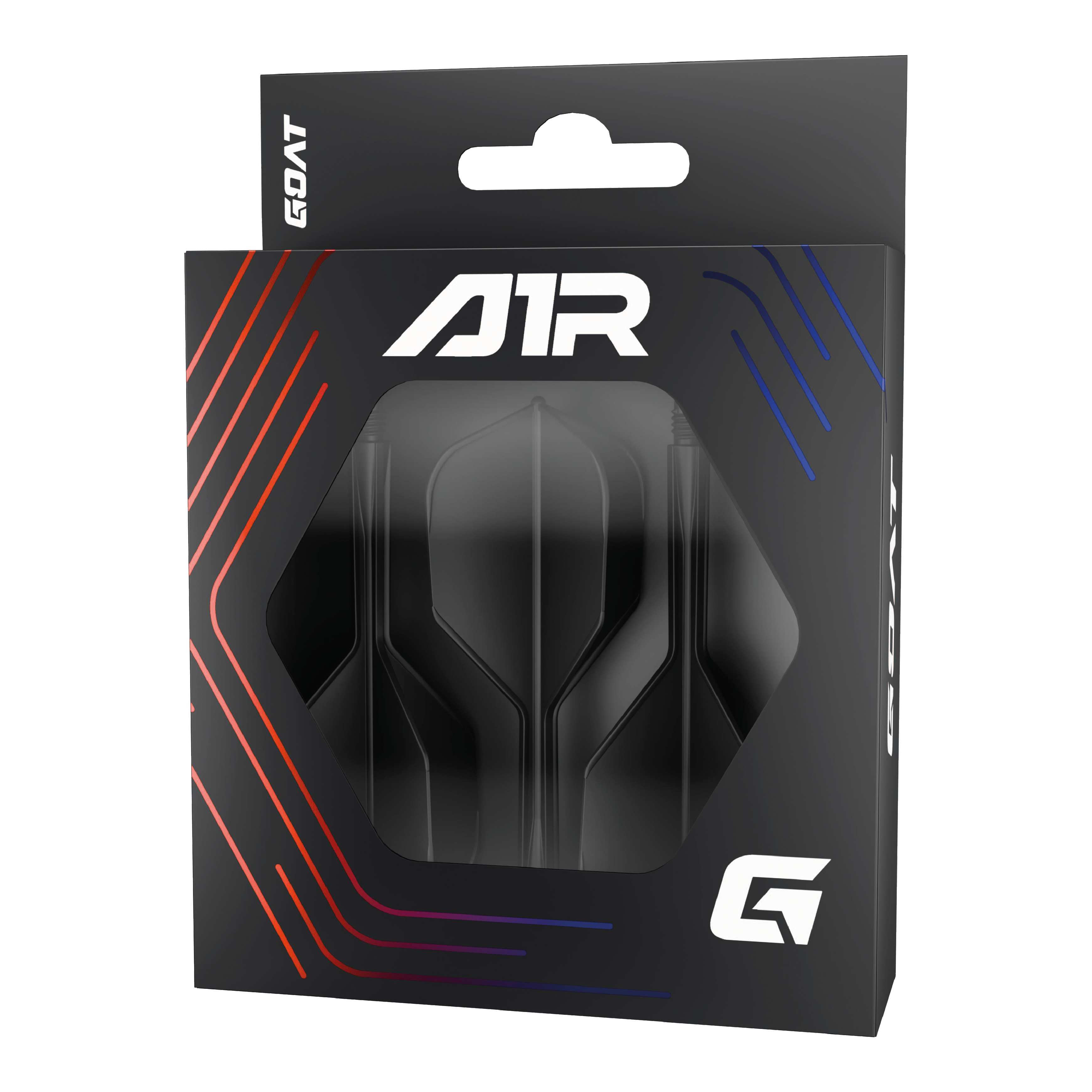 Système d'arbre de vol GOAT A1R No6 - Noir Die Abbildung zeigt die Verpackung des Produkts „GOAT A1R No6 Flight-Shaft-System - Schwarz“. In der schwarzen Schachtel sind Flights und Shafts für Dartpfeile sichtbar.