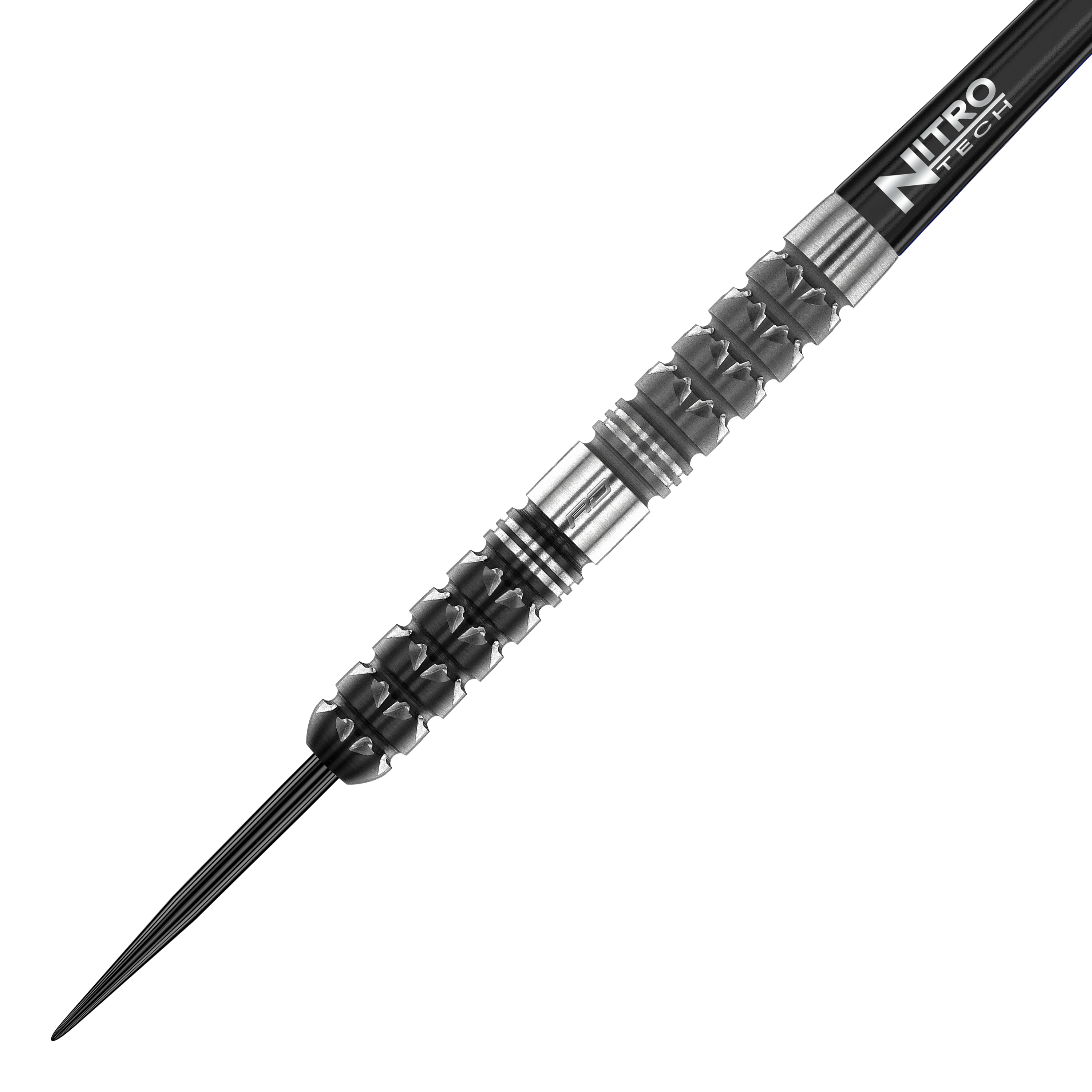 Fléchettes en acier conique Red Dragon Paradym Auf dem Bild ist ein Red Dragon Paradym Tapered Steeldart zu sehen. Der Dart hat ein schwarz-silbernes, strukturiertes Griffstück und eine spitze Metallspitze.