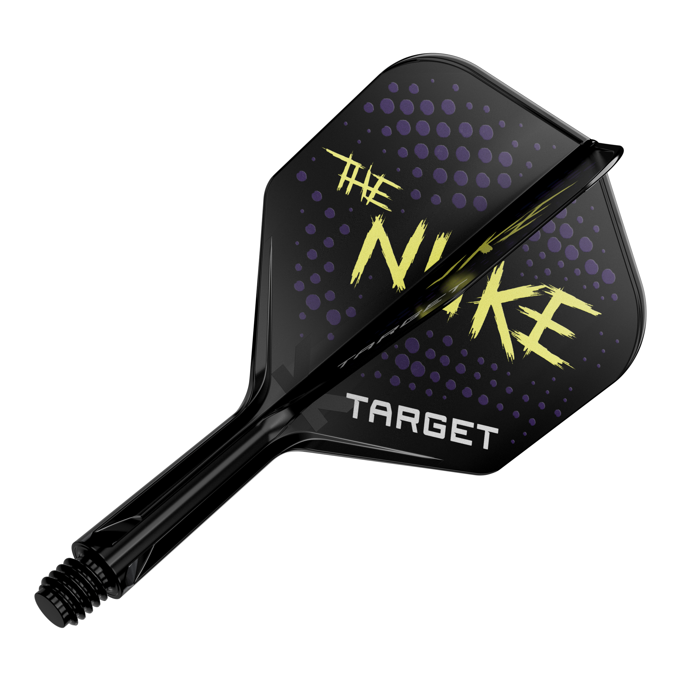 Système de vol Target K-Flex Luke Littler Black No6 Das Bild zeigt einen schwarzen Dartflight mit der Aufschrift "THE NUKE" in gelber Schrift. Darunter steht das Wort "TARGET" und im Hintergrund sind lila Punkte zu sehen.
