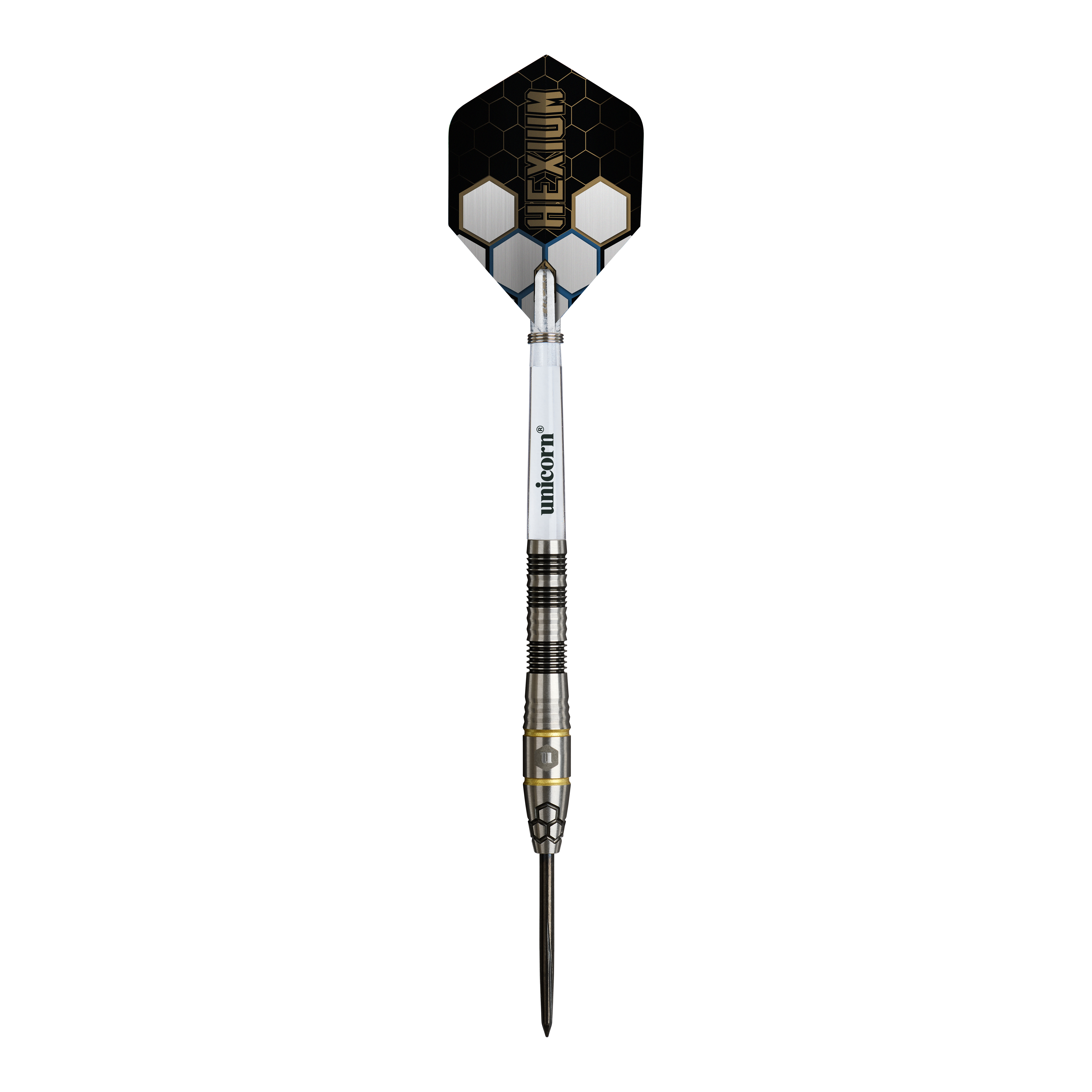 Fléchettes en acier Unicorn Hexium Style 01 Noir et Or Dieses Bild zeigt die Unicorn Hexium Style 01 Black & Gold Steeldarts. Die Steeldarts sind in den Farben Schwarz und Gold gestaltet.