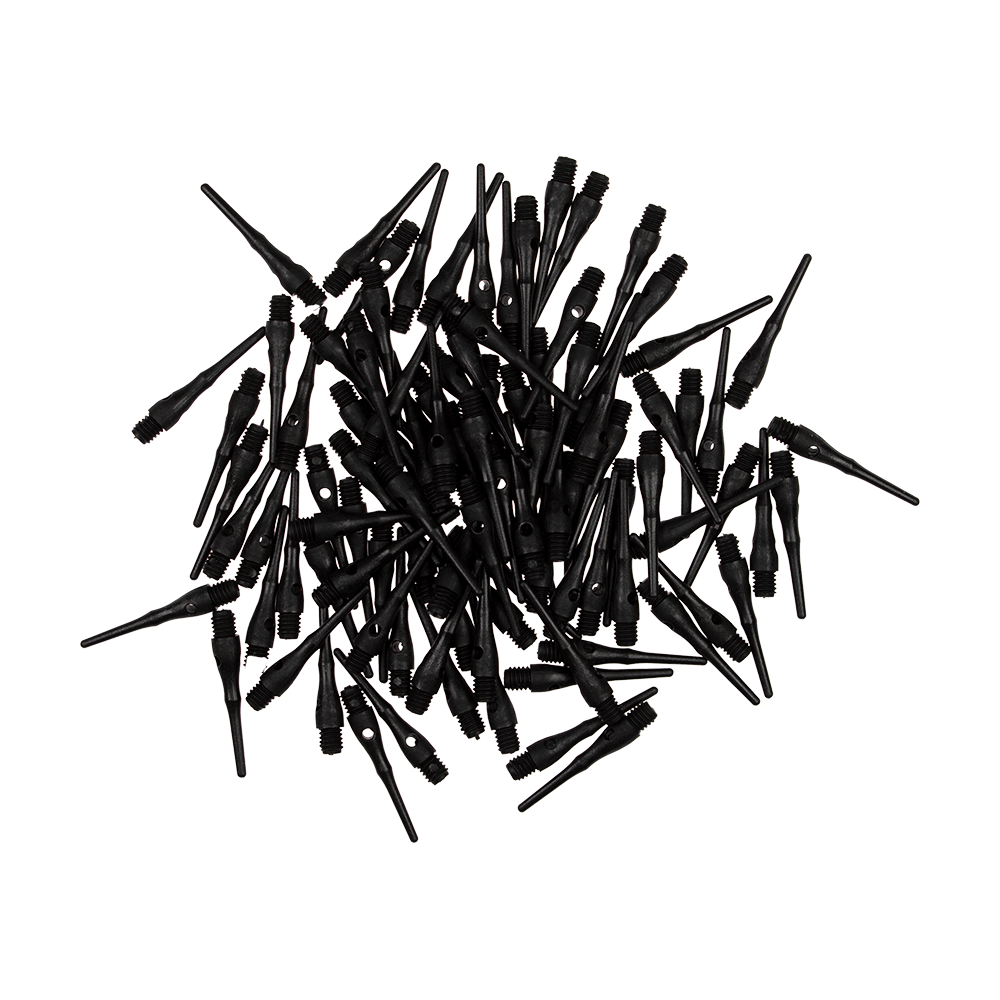 DP03SD_McDart_9er_Softdarts_3 Auf dem Bild sind viele schwarze Softdartspitzen des Produkts "McDart 9er Softdarts" zu sehen. Sie liegen ungeordnet auf einem Haufen.
