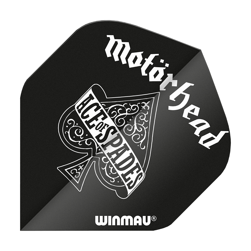 6905-210_Winmau_Rockstar_Legends_Mot-rhead_AoS_Standard_Flights_1 Das Bild zeigt einen schwarzen Dart Flight mit dem Schriftzug „Motörhead“ und einem Ace of Spades Design. Unten steht der Markenname „Winmau“.