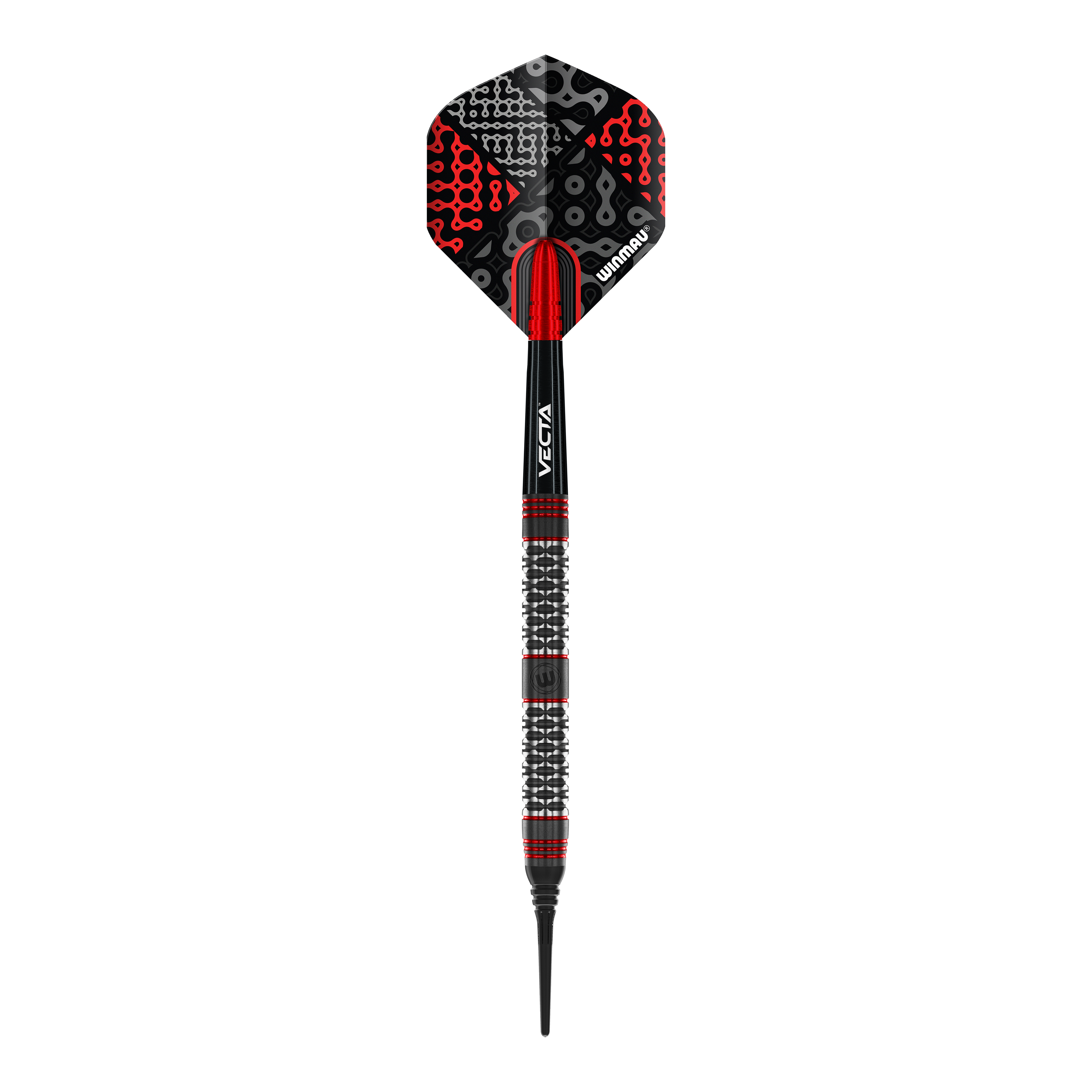Fléchettes souples Winmau Cypher - 20 g Das Bild zeigt einen Winmau Cypher Softdart mit einem Gewicht von 20 Gramm. Der Dart hat ein modernes Design in Schwarz, Rot und Silber.