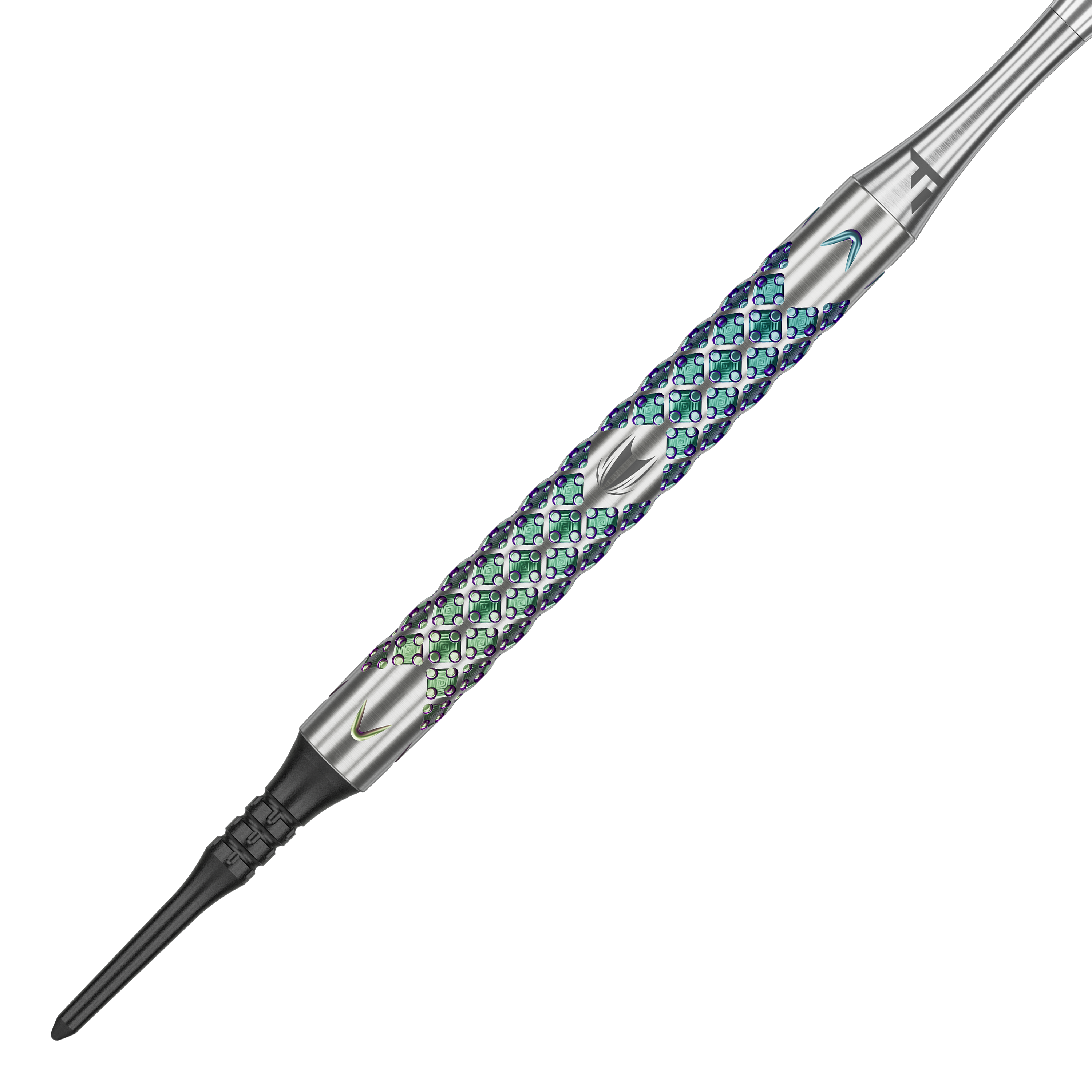 Target Rove 10 fléchettes souples Das Bild zeigt einen Target Rove 10 Softdart mit einem metallischen, bunt schimmernden Griff. Das Design weist eine strukturierte Oberfläche mit feinen Mustern auf.