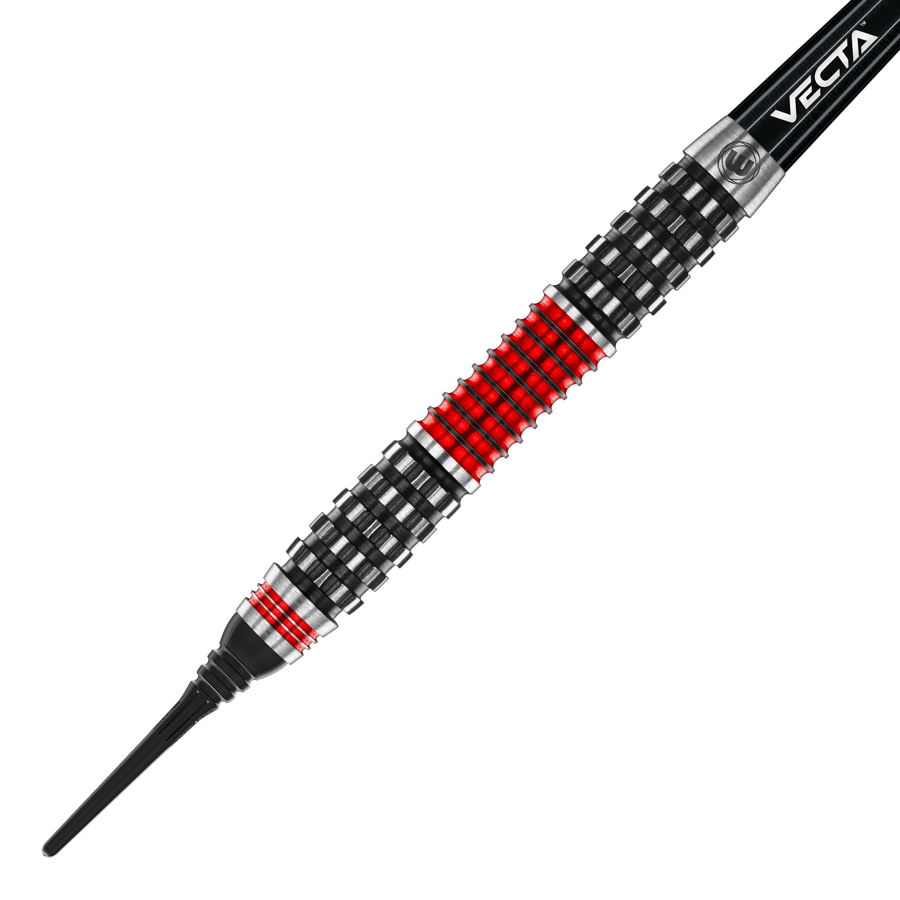 Fléchettes souples Winmau Joe Cullen Rockstar Series RS1 - 20 g Dies ist ein Softdart aus der Winmau Joe Cullen Rockstar Series RS1 mit einem Gewicht von 20g. Der Dart hat ein auffälliges Design mit schwarzen, silbernen und roten Ringen am Barrel.