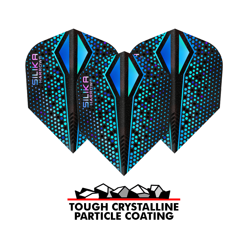 Harrows Silika Colorshift Revêtement cristallin résistant Blue-X No6 Vols Das Bild zeigt drei blaue Harrows Silika Colourshift Tough Crystalline Coating Blue-X No6 Flights. Darunter steht der Schriftzug "Tough Crystalline Particle Coating" mit einer Grafik von Kristallteilchen.