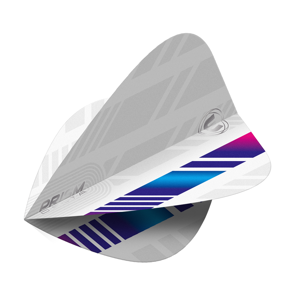 Vols de cerf-volant Winmau Delta blanc bleu violet Das Bild zeigt die Winmau Delta White Blue Purple Kite Flights. Sie sind hauptsächlich weiß mit blauen und lila Akzenten sowie einem modernen, grafischen Muster.