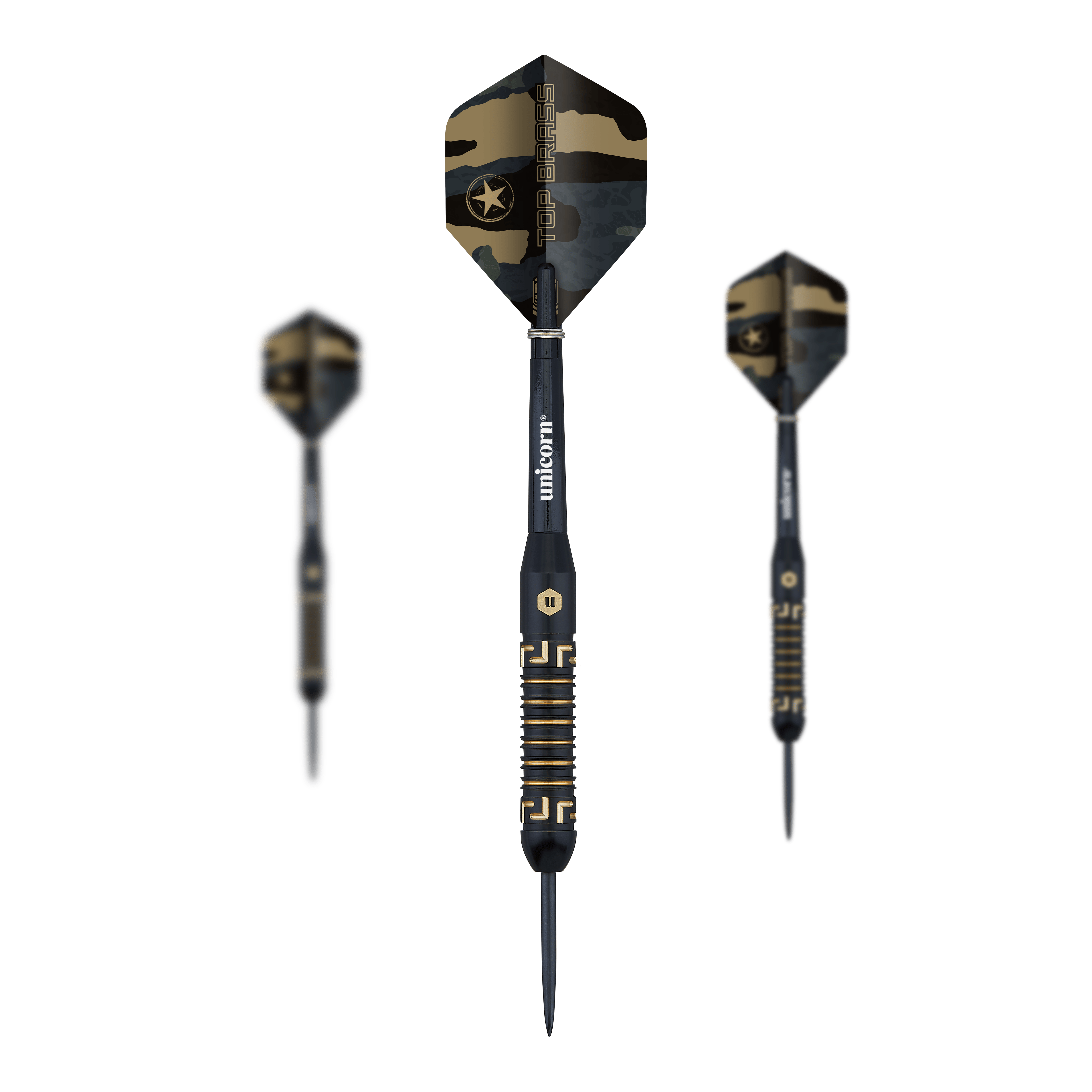 Fléchettes en acier Unicorn Top Brass V1 - 20 g Das Bild zeigt drei Steeldarts des Produkts "Unicorn Top Brass V1" mit einem Gewicht von 20g. Die Darts haben ein schwarzes und goldenes Design mit Camouflage-Flights.