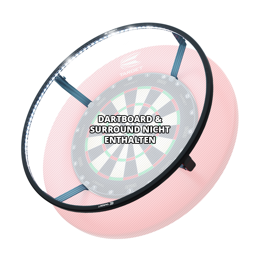 Système d'éclairage de cible de fléchettes Target CORONA Vision LED Das Bild zeigt das Produkt "Target CORONA Vision LED Dartboard Lighting System", das als Beleuchtungssystem für eine Dartscheibe dient. Auf dem Bild steht außerdem der Hinweis: "Dartboard & Surround nicht enthalten."