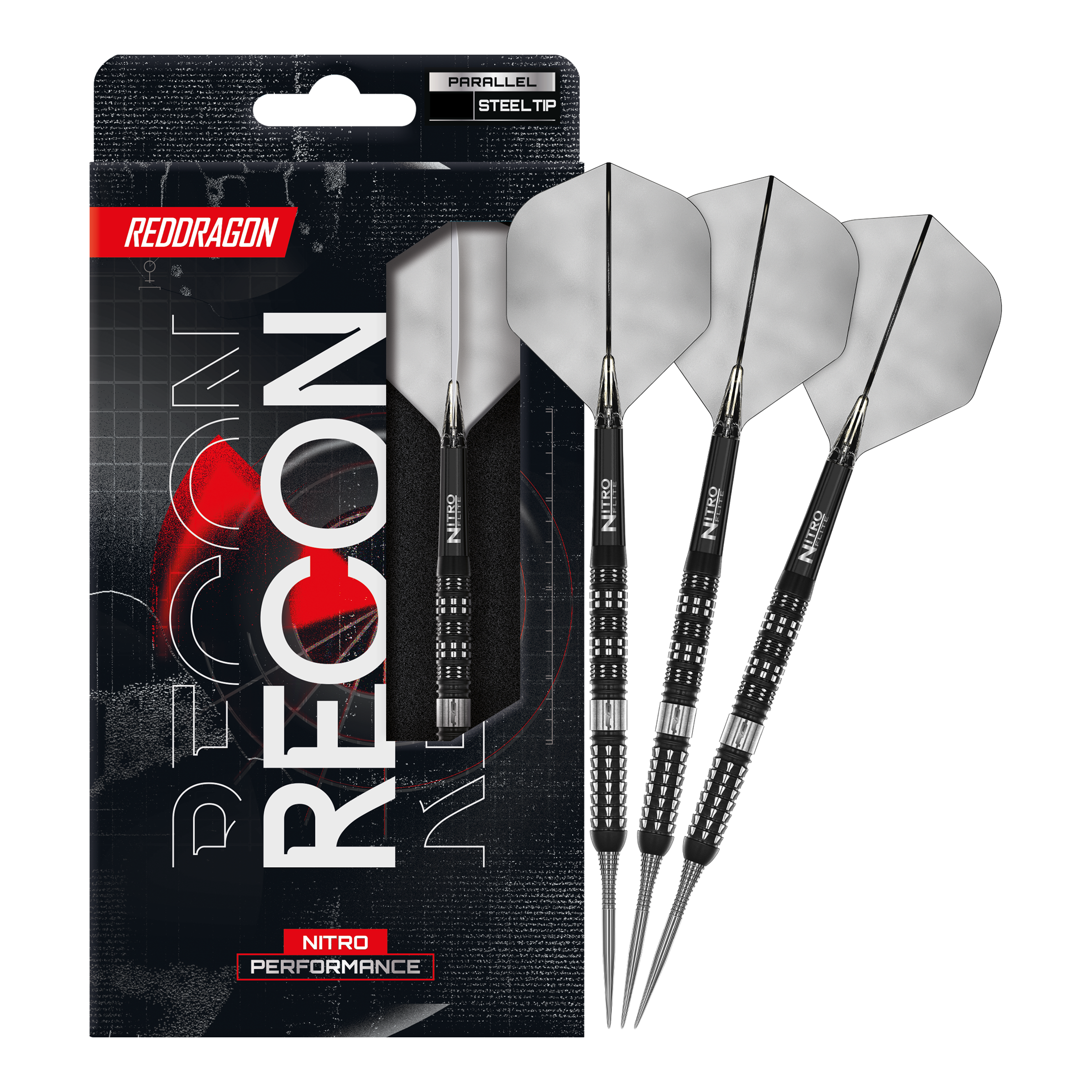 Fléchettes en acier parallèles Red Dragon Recon Auf diesem Bild erkennt man die Red Dragon Recon Parallel Steeldarts in voller Länge. Diese Darts sind für eine gleichmäßige Wurfbalance bekannt.