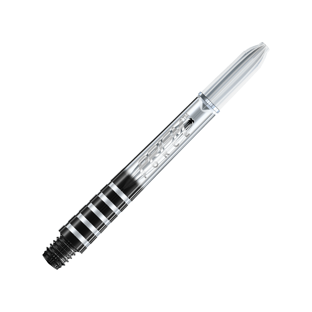 7020-406_Winmau_Prism_Force_Shafts_Clear_41mm_2 Das Bild zeigt einen klaren Winmau Prism Force Shaft für Darts. Der Schaft hat ein transparentes Design mit eingraviertem Schriftzug.