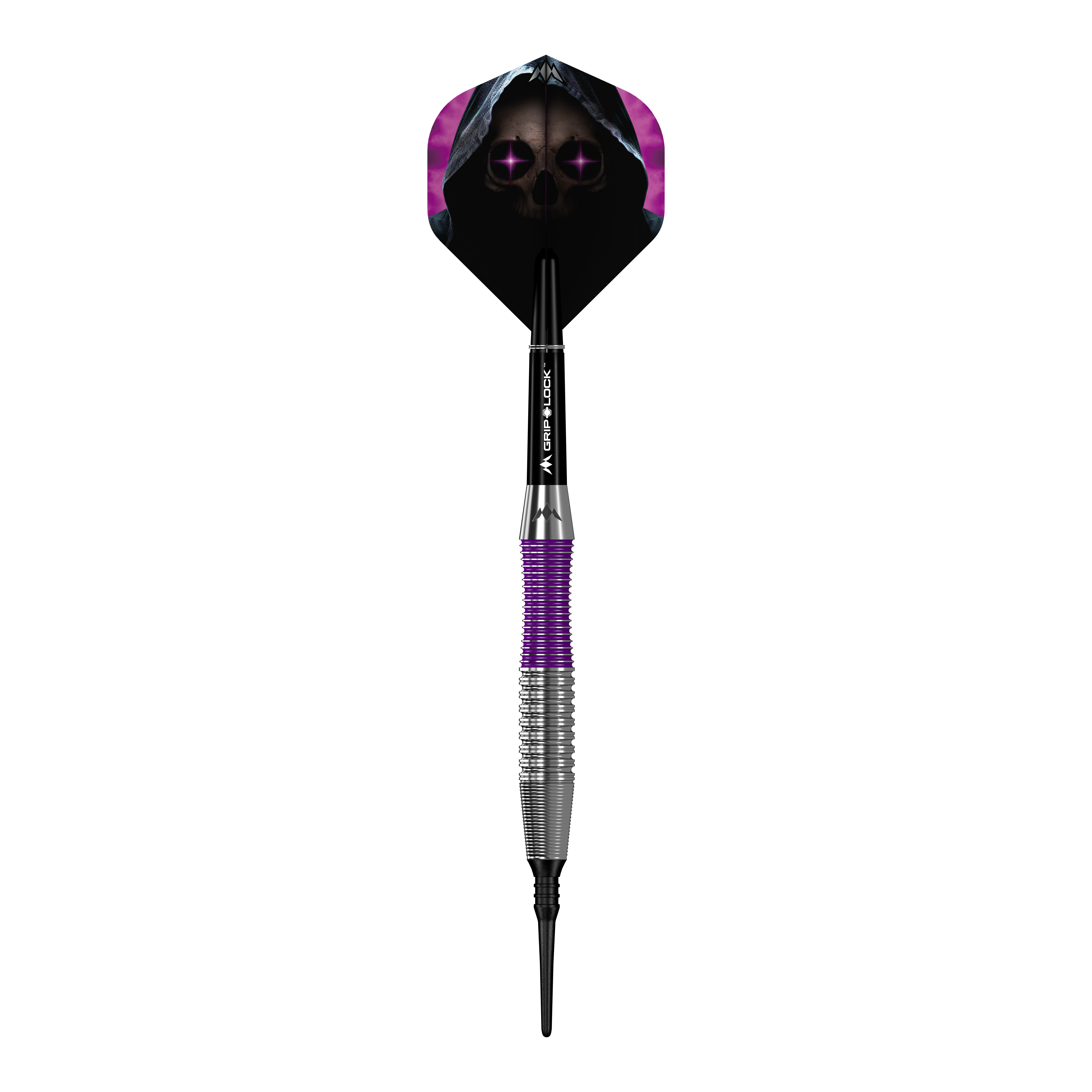 Fléchettes souples en laiton Mission Phantom - 18 g Der Mission Phantom Brass Softdart - 18g hat ein markantes Design mit lila und silbernem Griff. Das Dartflight zeigt ein gruseliges Totenkopf-Motiv mit violetten Augen und Kapuze.