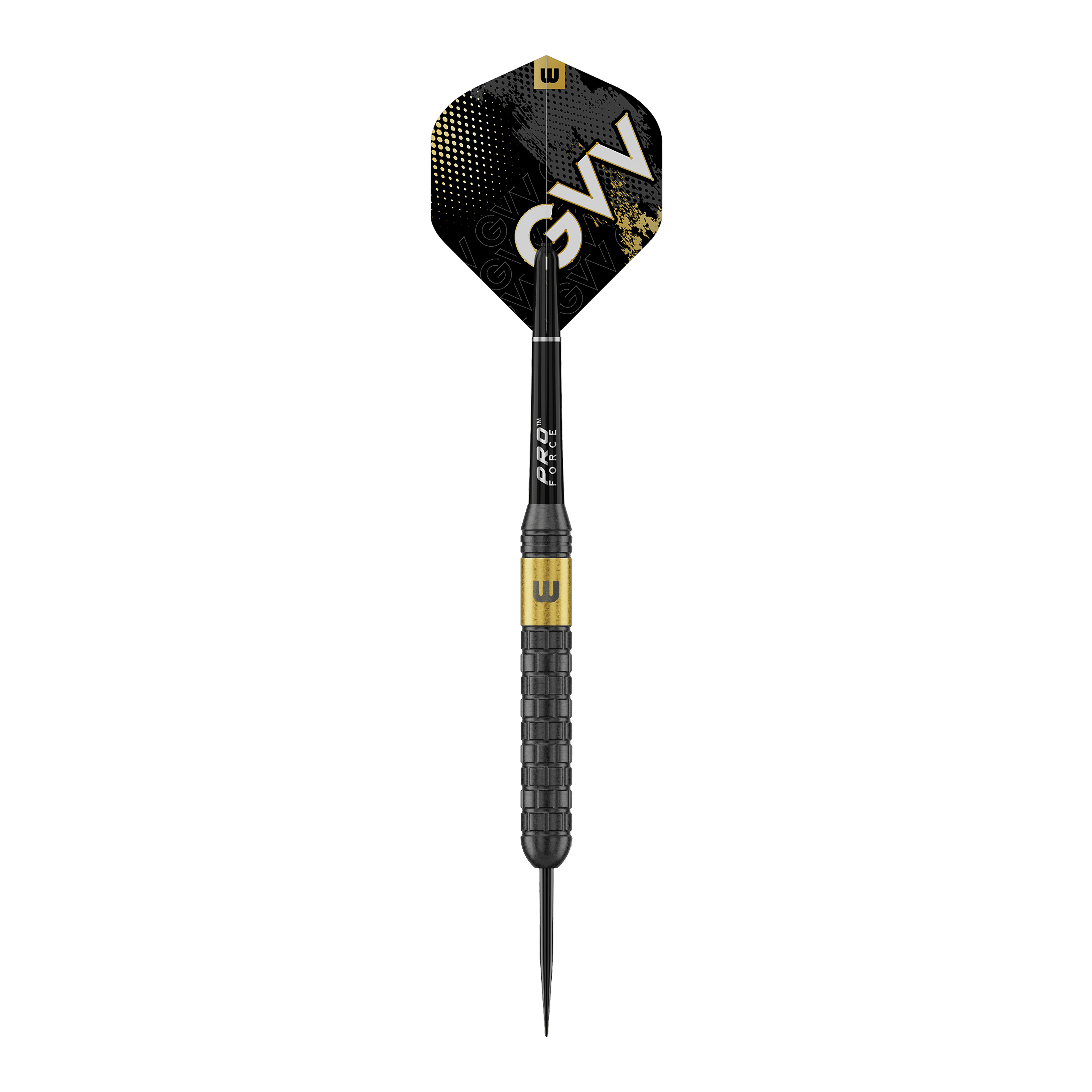Winmau Gian Van Veen Core Brass Steeldards - 21g Das Bild zeigt Winmau Gian Van Veen Core Brass Steeldarts mit einem Gewicht von 21 Gramm. Die Steeldarts sind aus einer seitlichen Perspektive zu sehen.