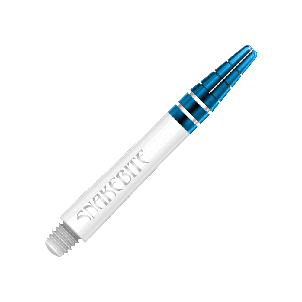 Das Bild zeigt einen Red Dragon Nitrotech Peter Wright Blue Shaft mit einer Länge von 39 mm. Der Schaft ist weiß mit blauen Metallringen und trägt die Aufschrift "SNAKEBITE".