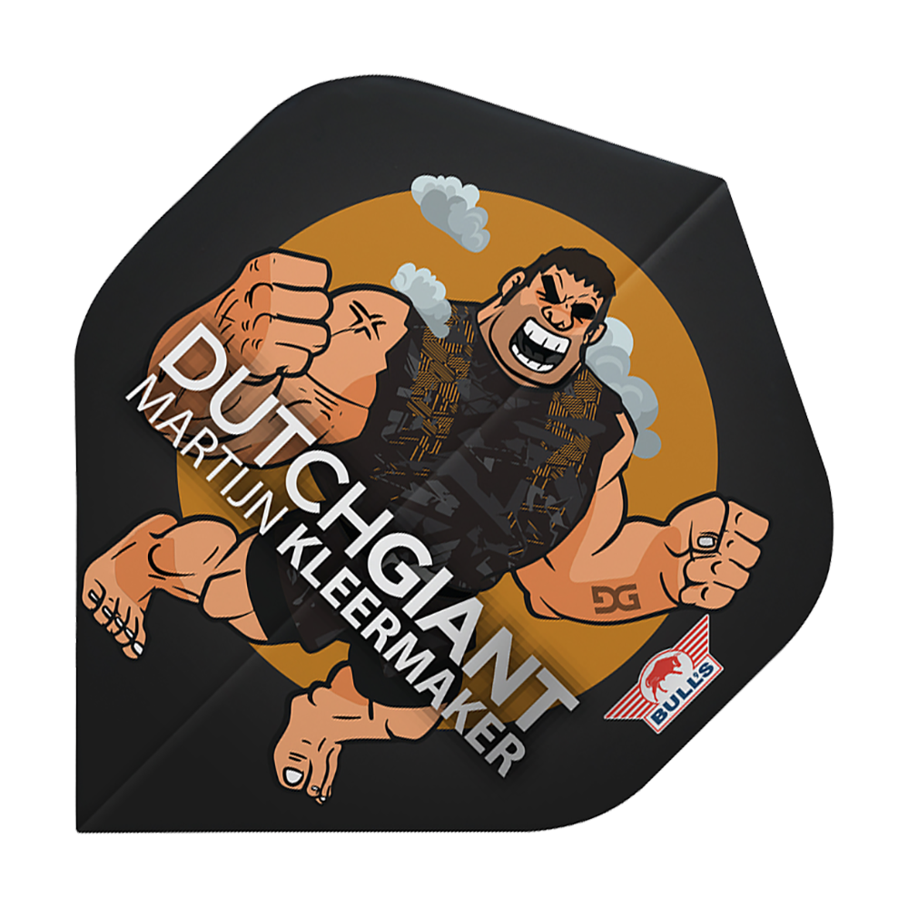 BU50922_Bulls_NL_Player_100_Martijn_Kleermaker_Cartoon_No2_Standard_Flights_1 Das Bild zeigt ein Dart-Flügel mit einer Cartoon-Zeichnung eines muskulösen Mannes und dem Text "Dutch Giant Martijn Kleermaker". Unten rechts befindet sich das Bulls-Logo.