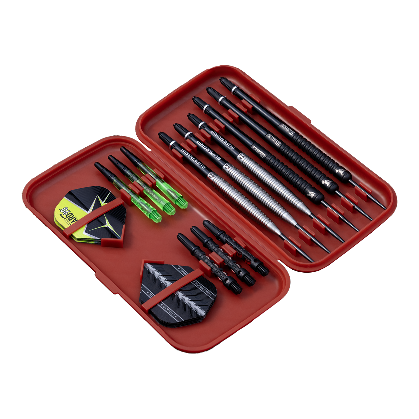 Étui à fléchettes Harrows Slimcase Das Bild zeigt ein rotes Dart-Etui, das verschiedene Darts und Zubehör enthält. Im Etui sind mehrere Dartpfeile, Flights und Ersatzteile ordentlich angeordnet.