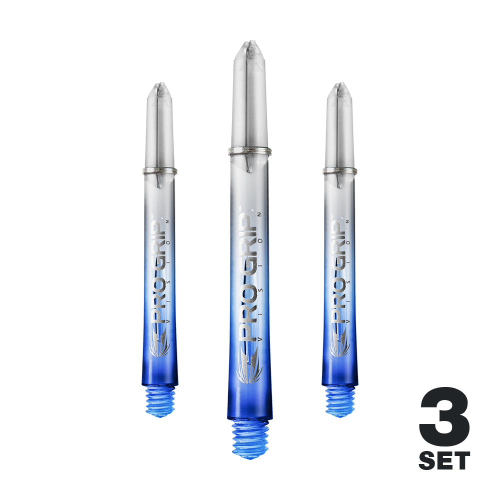 Tiges Target Pro Grip Vision - 3 jeux - Bleues Das Bild zeigt drei blaue "Pro Grip Vision" Shafts für Darts. In der rechten unteren Ecke steht "3 Set".