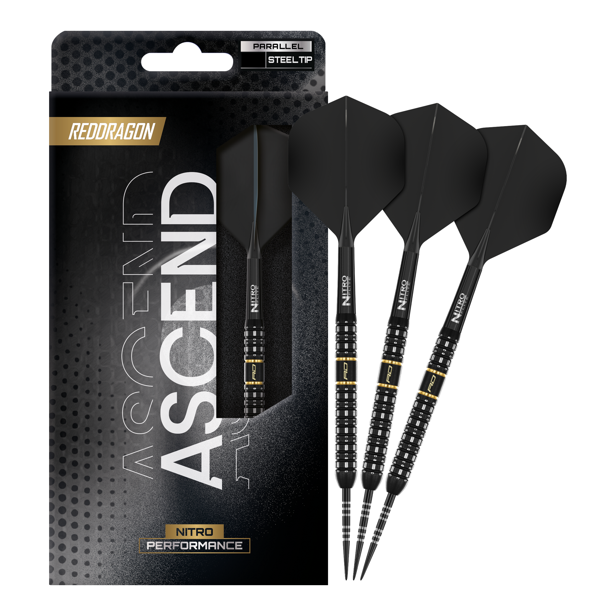 Das Foto zeigt die vollständigen Red Dragon Ascend Parallel Steeldarts. Die Darts sind komplett und einsatzbereit dargestellt.
