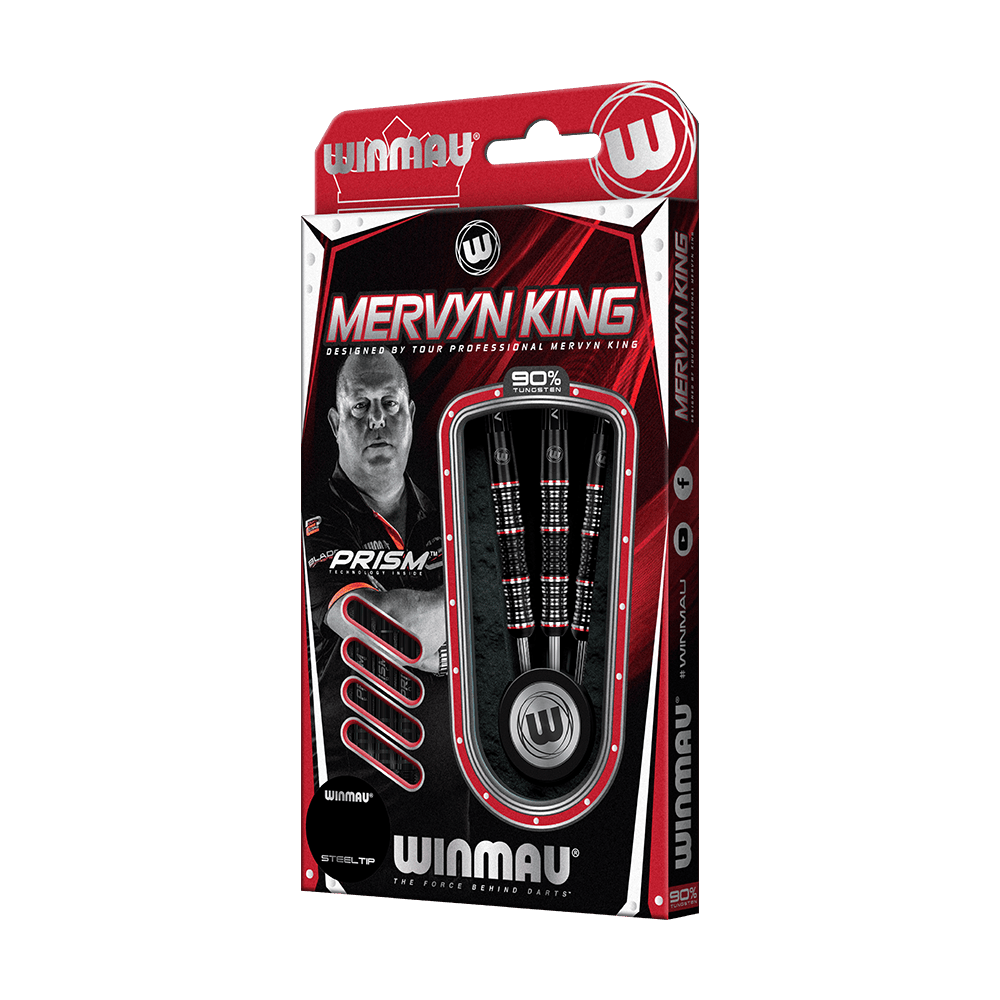 1461_Winmau_Mervyn_King_Special_Edition_Steeldarts_3 Das Bild zeigt die "Winmau Mervyn King Special Edition Steeldarts" in ihrer Verpackung. Die Verpackung ist überwiegend rot und schwarz und zeigt ein Bild von Mervyn King sowie die enthaltenen Steeldarts.