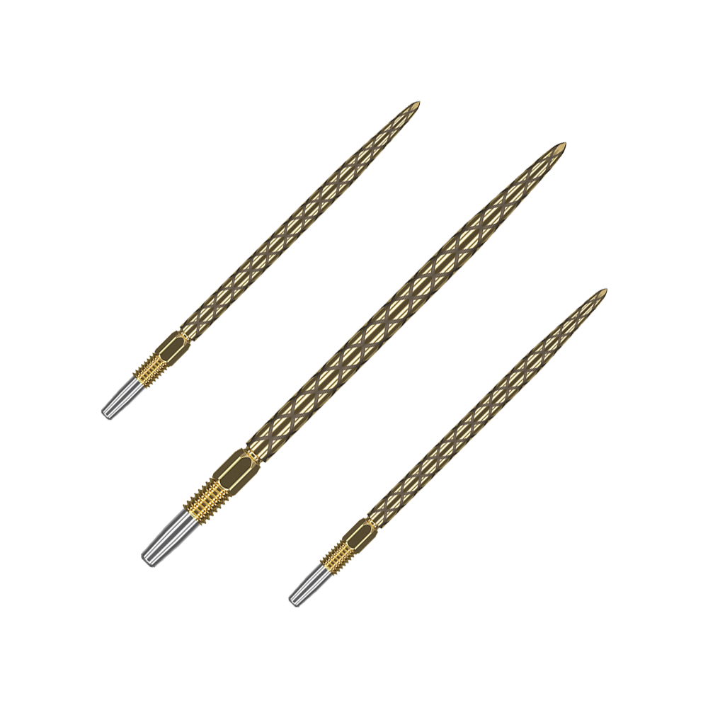 Pointes de fléchettes Target Swiss Diamond Pro Gold Das Bild zeigt drei goldfarbene Dartspitzen mit einem diamantähnlichen Muster. Die Spitzen sind schlank und haben eine silberne Befestigung am unteren Ende.