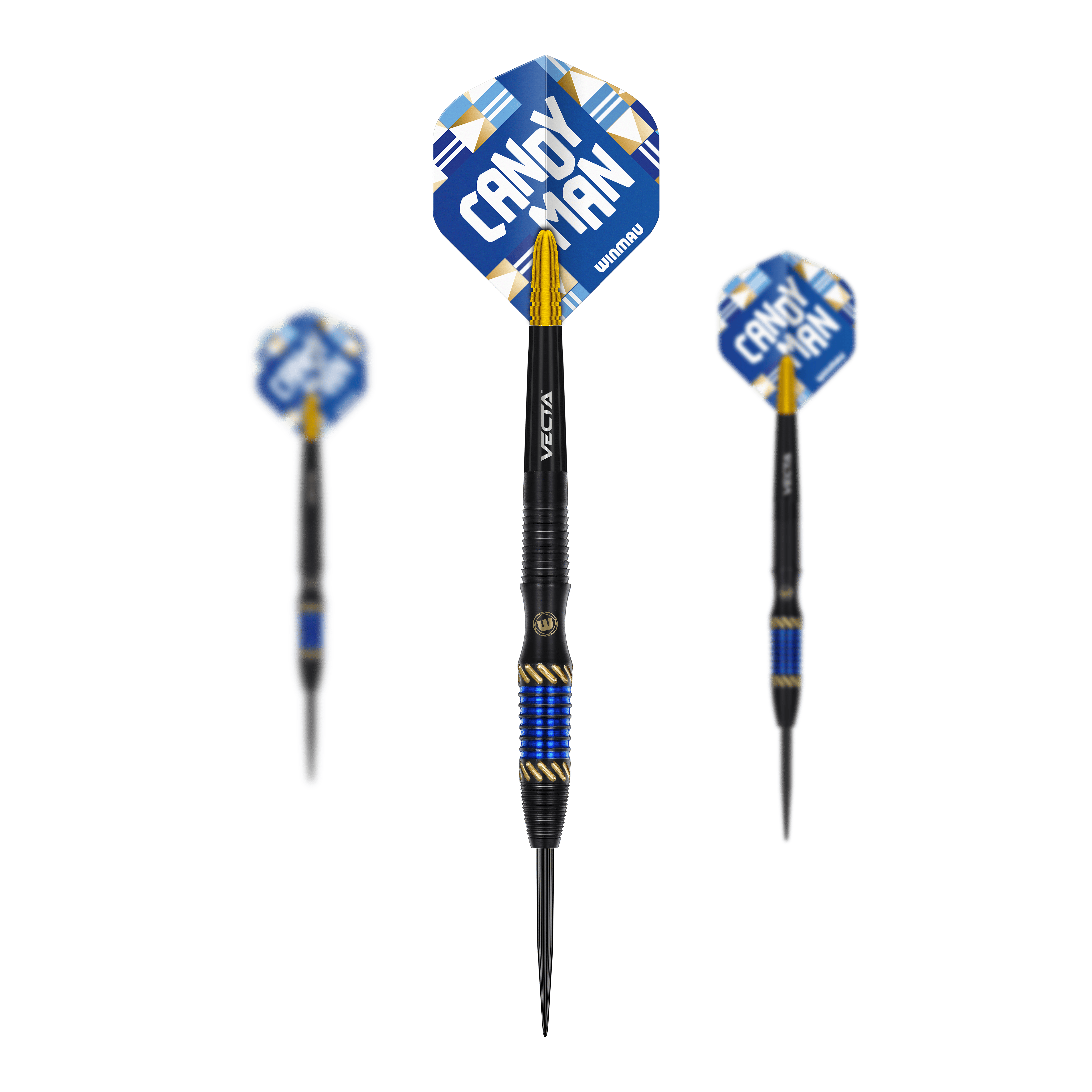 Fléchettes en acier Winmau Rashad Sweeting - 24 g Das Bild zeigt drei Steeldarts des Modells "Winmau Rashad Sweeting - 24g". Die Flights sind blau mit der Aufschrift "CANDY MAN" und die Darts haben gold-blaue Akzente.