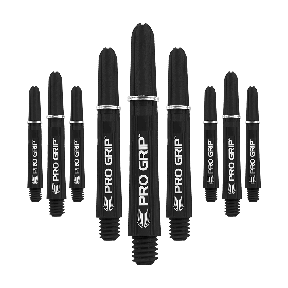 Tiges Target Pro Grip - 3 jeux - Noir Das Bild zeigt neun schwarze Pro Grip Shafts für Dartpfeile in drei unterschiedlichen Längen. Die Shafts sind mit dem weißen Schriftzug "PRO GRIP" und einem Blatt-Symbol bedruckt.