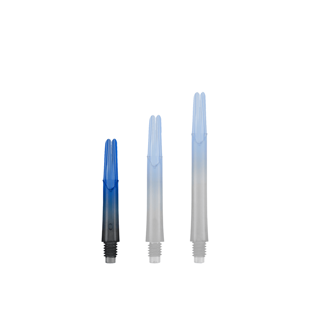 Tige en L verrouillée droite Natural9 bicolore - Bleu Das Bild zeigt drei unterschiedlich lange Dartschäfte in Blau und Schwarz. Sie stehen nebeneinander und haben ein gerades Design ohne Kappen.