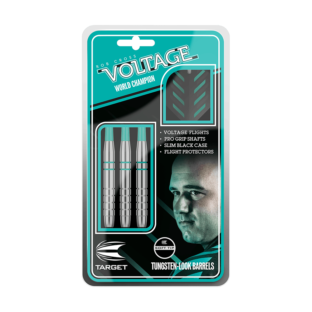 100550_Target_Rob_Cross_Silver_Voltage_Softdarts_3_-4_Plastikbox Das Bild zeigt die Verpackung der "Target Rob Cross Silver Voltage Softdarts - 18g". In der Verpackung sind drei silberne Softdarts mit Zubehör wie Flights und Schäften zu sehen.
