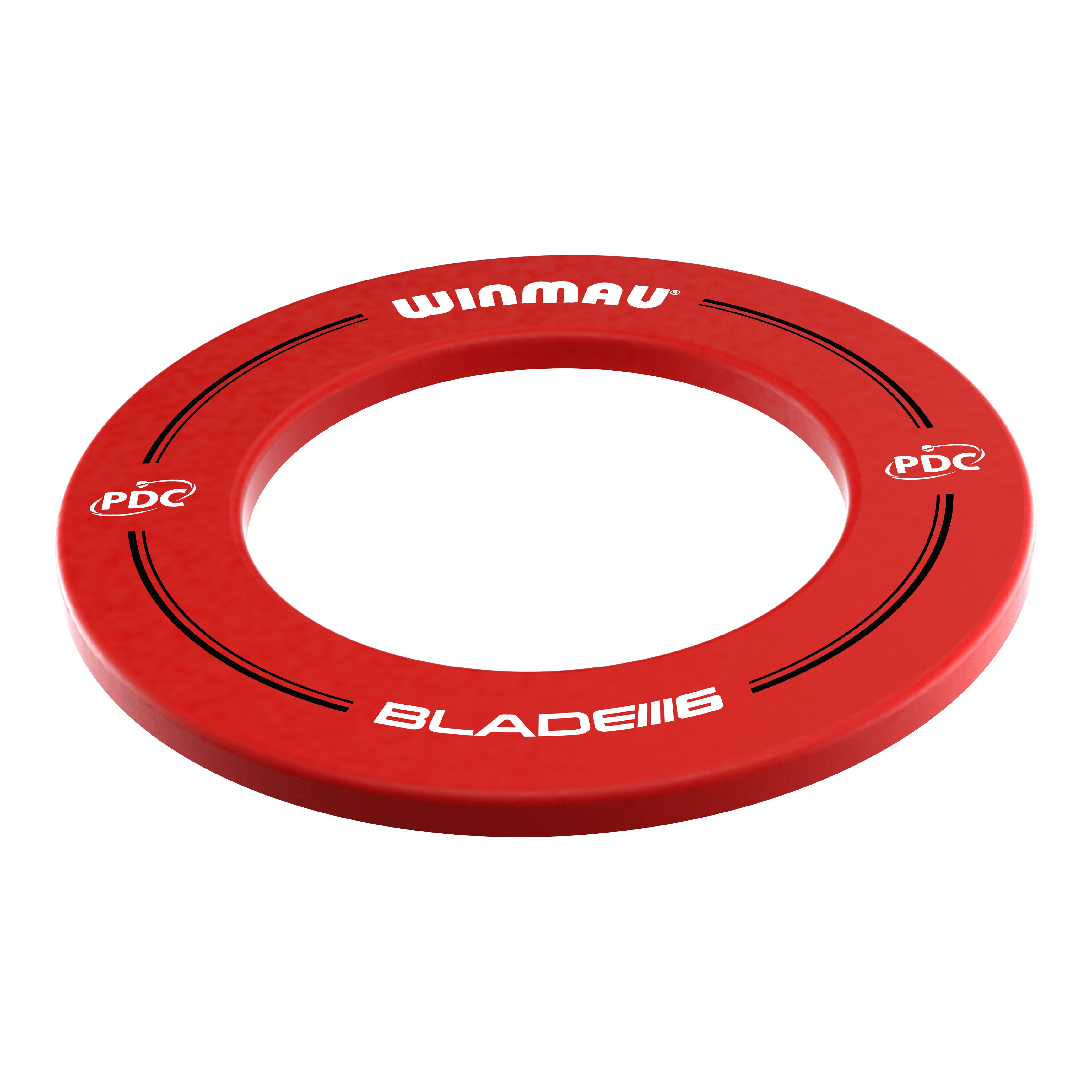 Cadre de fléchettes Winmau PDC - Rouge Das Bild zeigt einen roten Dartboard-Surround der Marke Winmau. Auf dem Surround stehen die Aufschriften „WINMAU“, „PDC“ und „BLADE 6“.