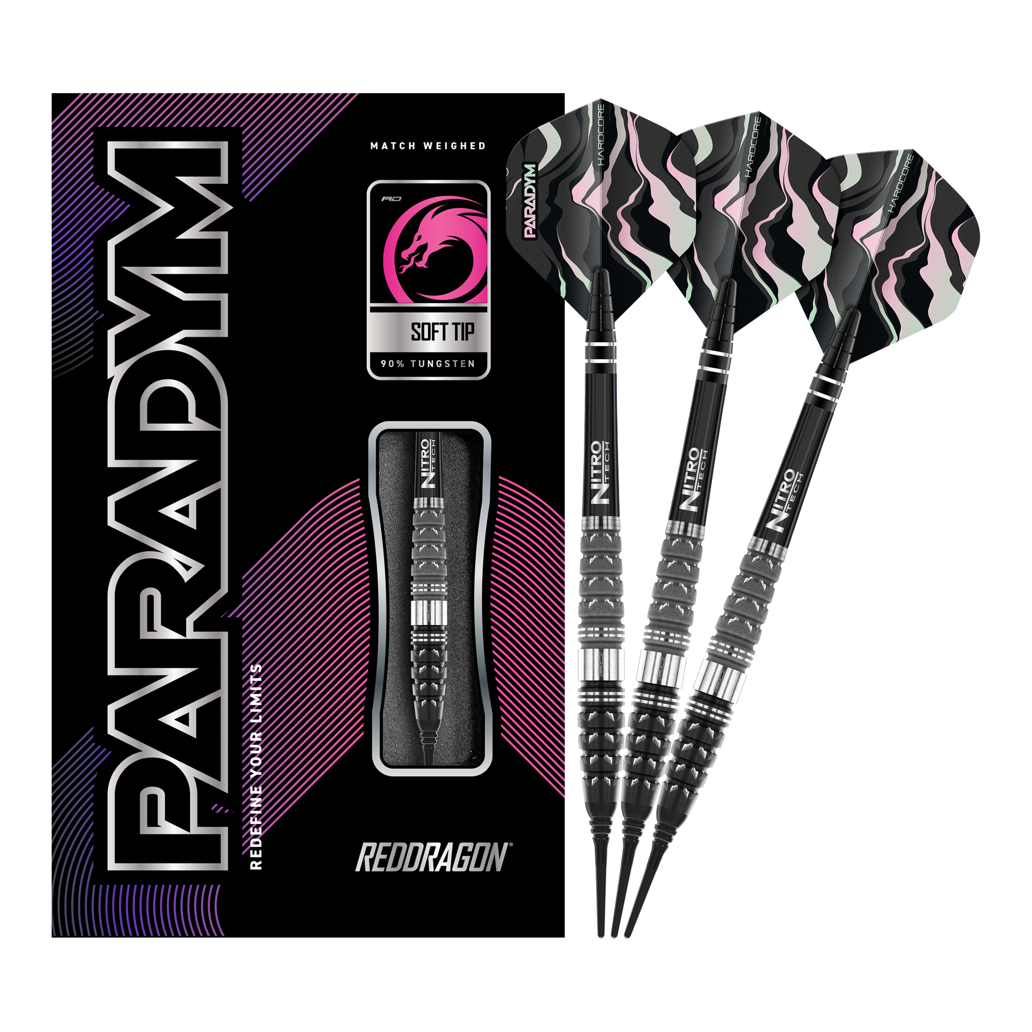 Fléchettes souples Red Dragon Paradym Torpedo - 20 g Auf dem Bild sind die Red Dragon Paradym Torpedo Softdarts mit 20 Gramm Gewicht zu sehen. Die Verpackung und drei Darts mit schwarz-silbernen Spitzen und auffälligen Flights sind abgebildet.
