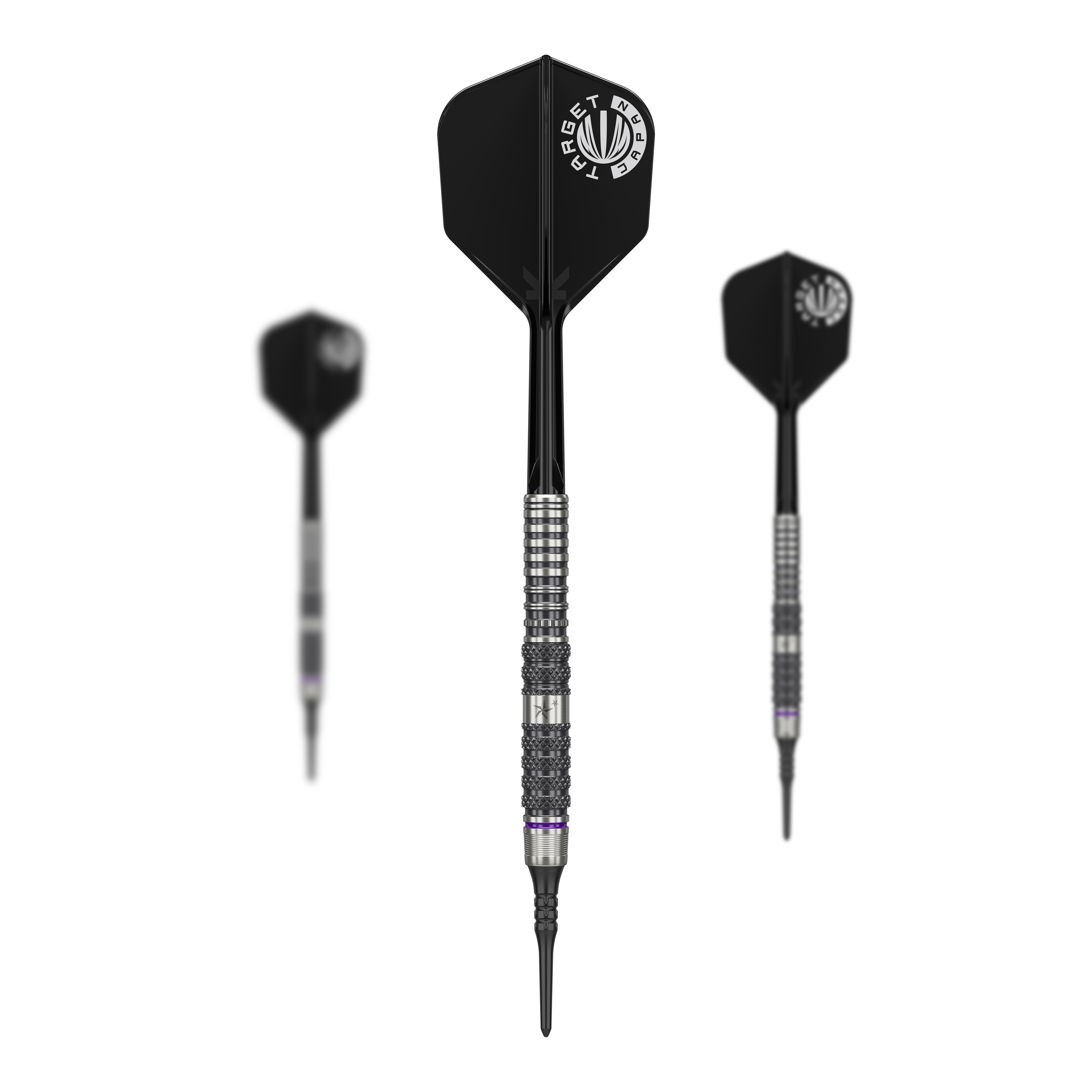 Fléchettes souples Target Japan Yuta Hayashi Sirius GEN3 - 19 g Das Bild zeigt drei Softdarts des Modells "Target Japan Yuta Hayashi Sirius GEN3 - 19g". Die Darts haben schwarze Flights und silberne, geriffelte Barrels.