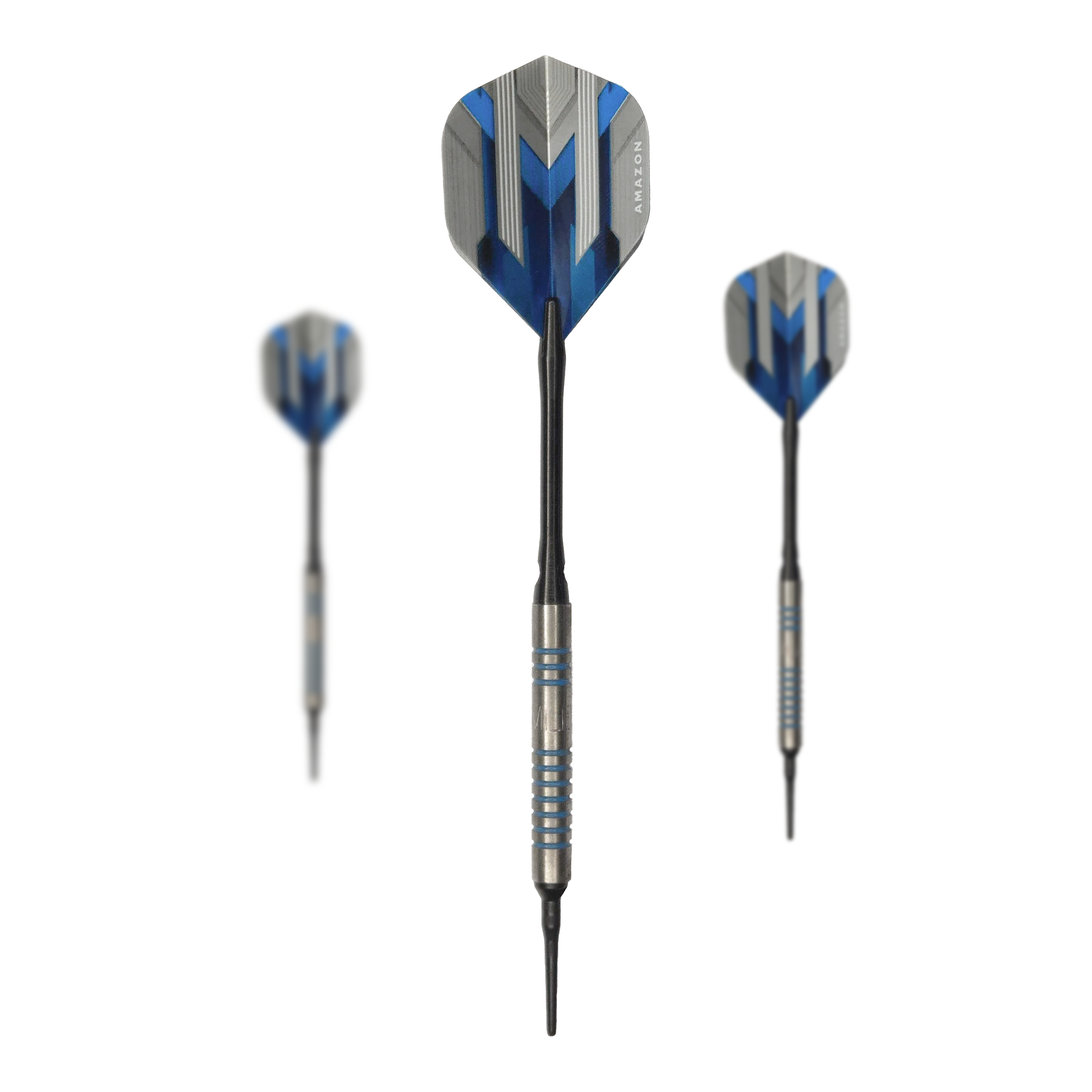 Fléchettes souples McDart 85 Tungsten V1 - 17 g Das Bild zeigt drei Softdarts des Modells „McDart 85er Tungsten V1 Softdarts - 17g“. Die Darts haben blaue und silberne Akzente sowie schwarze Spitzen und Flügel.