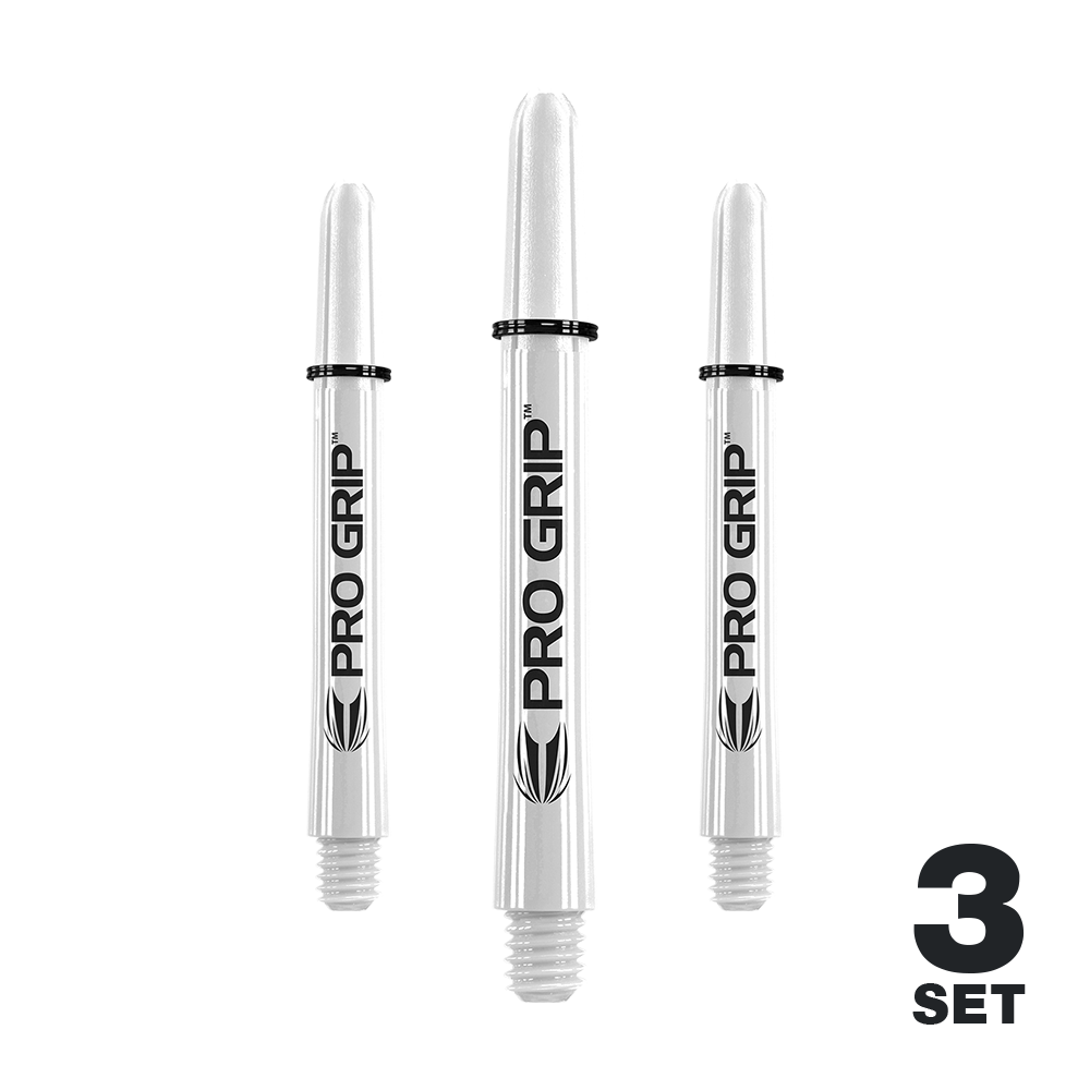 Tiges Target Pro Grip - 3 jeux - Blanc Das Bild zeigt drei weiße Pro Grip Shafts für Darts. Unten rechts steht "3 SET", was auf ein Set mit drei Stück hinweist.