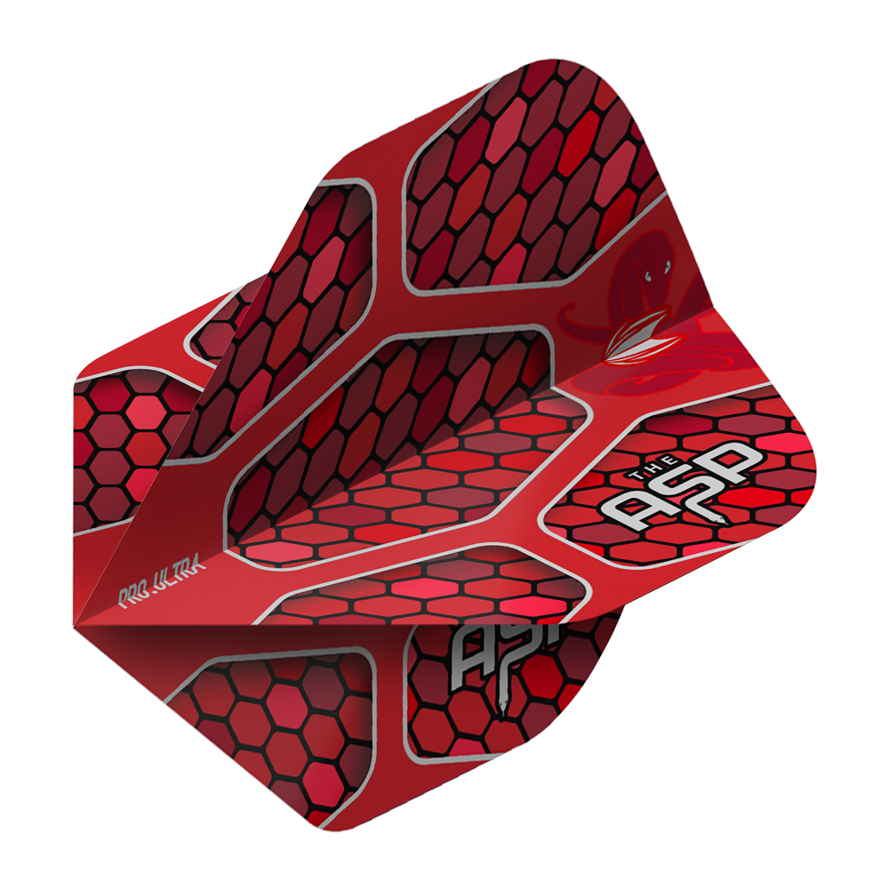 Das Bild zeigt das Produkt "Target ProUltra Nathan Aspinall Red No2 Standard Flights". Die Flights sind rot mit einem wabenförmigen Muster und weißen Schriftzügen.