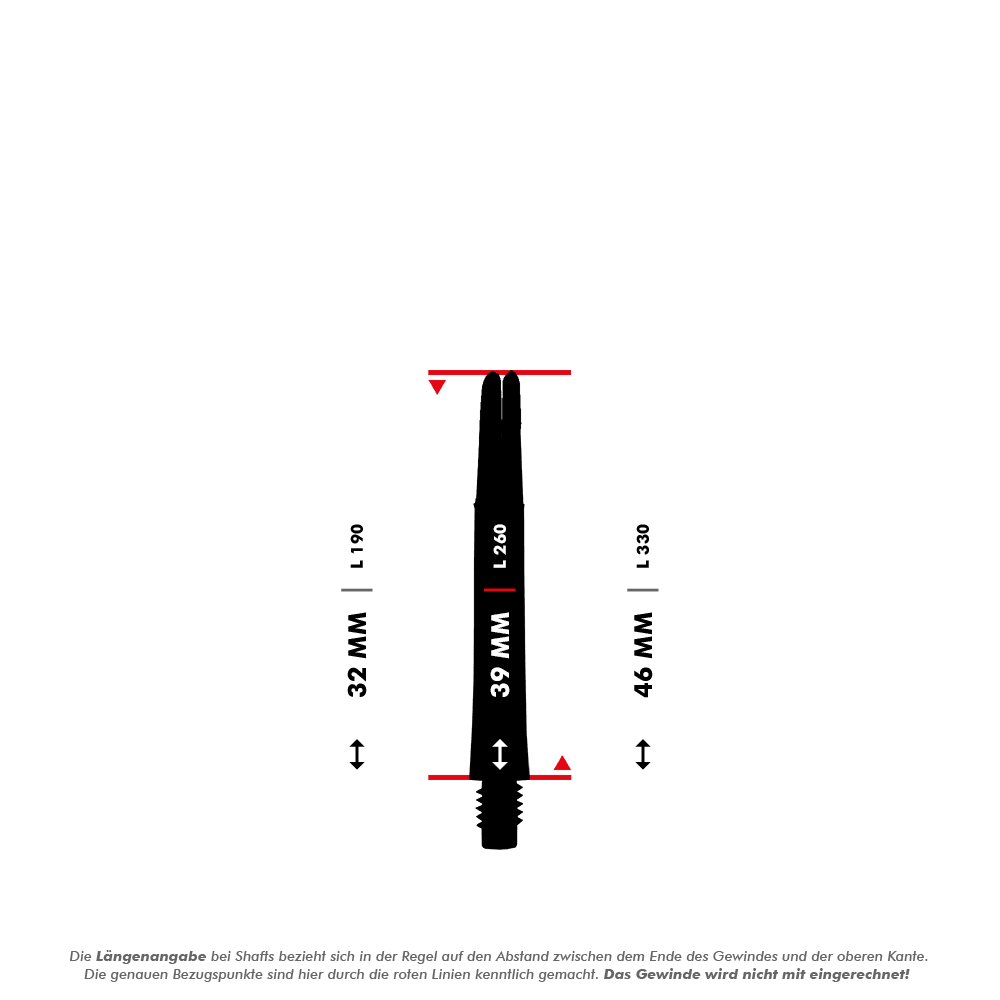 L-L-Style-Shaft Locked Straight Natural9 TwoTone Shafts - Rose Das Bild zeigt einen geraden L-Shaft mit der Länge von 39 mm. Es sind auch die Längenvarianten 32 mm und 46 mm eingezeichnet.