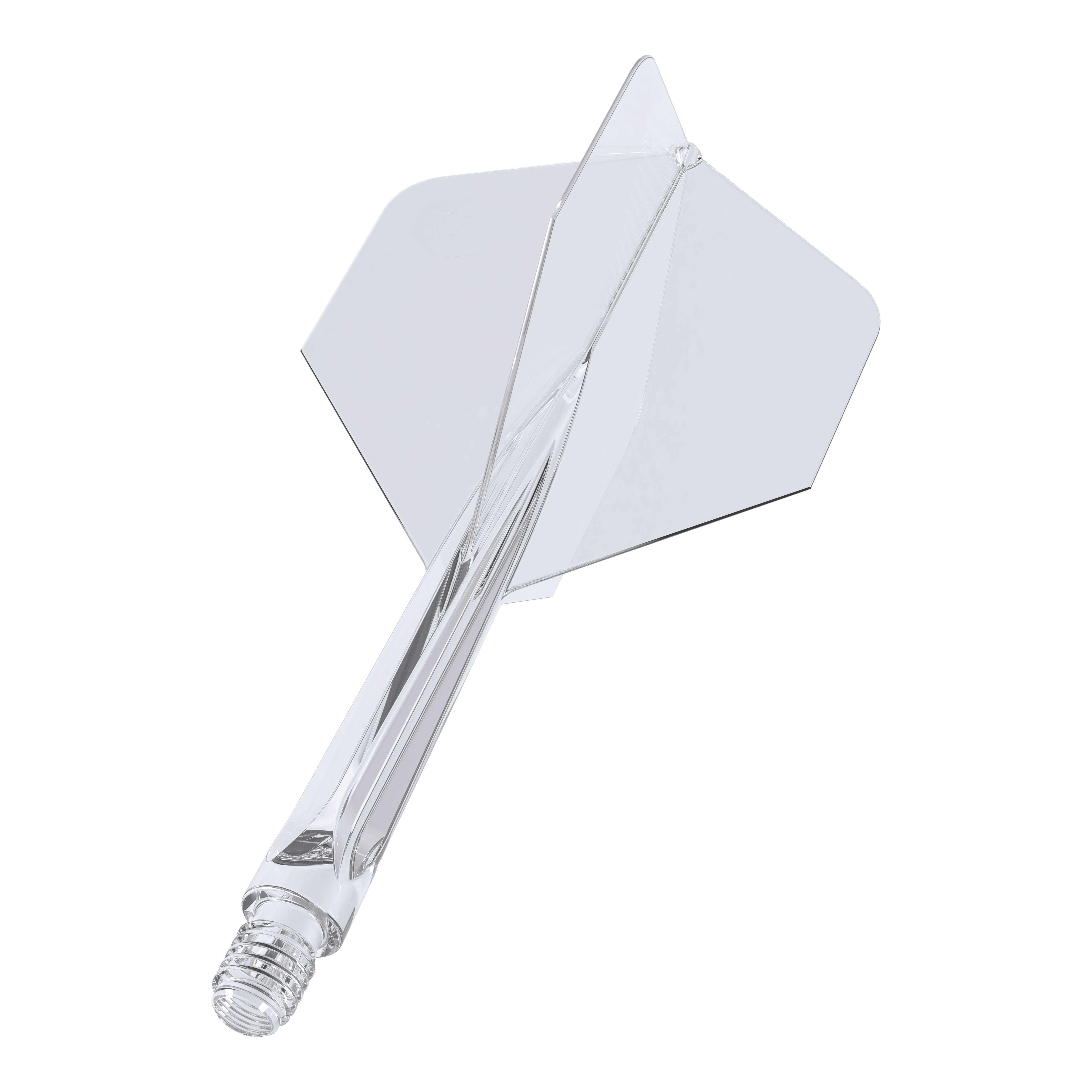 Ailettes standard Unicorn Forge All In One Plus No2 transparentes - Moyennes Das Bild zeigt einen klaren, mittelgroßen Dartaufsatz des Modells "Unicorn Forge All In One Plus No2 Standard Flights". Die Flight- und Schaftteile sind transparent und bilden ein einteiliges Design.