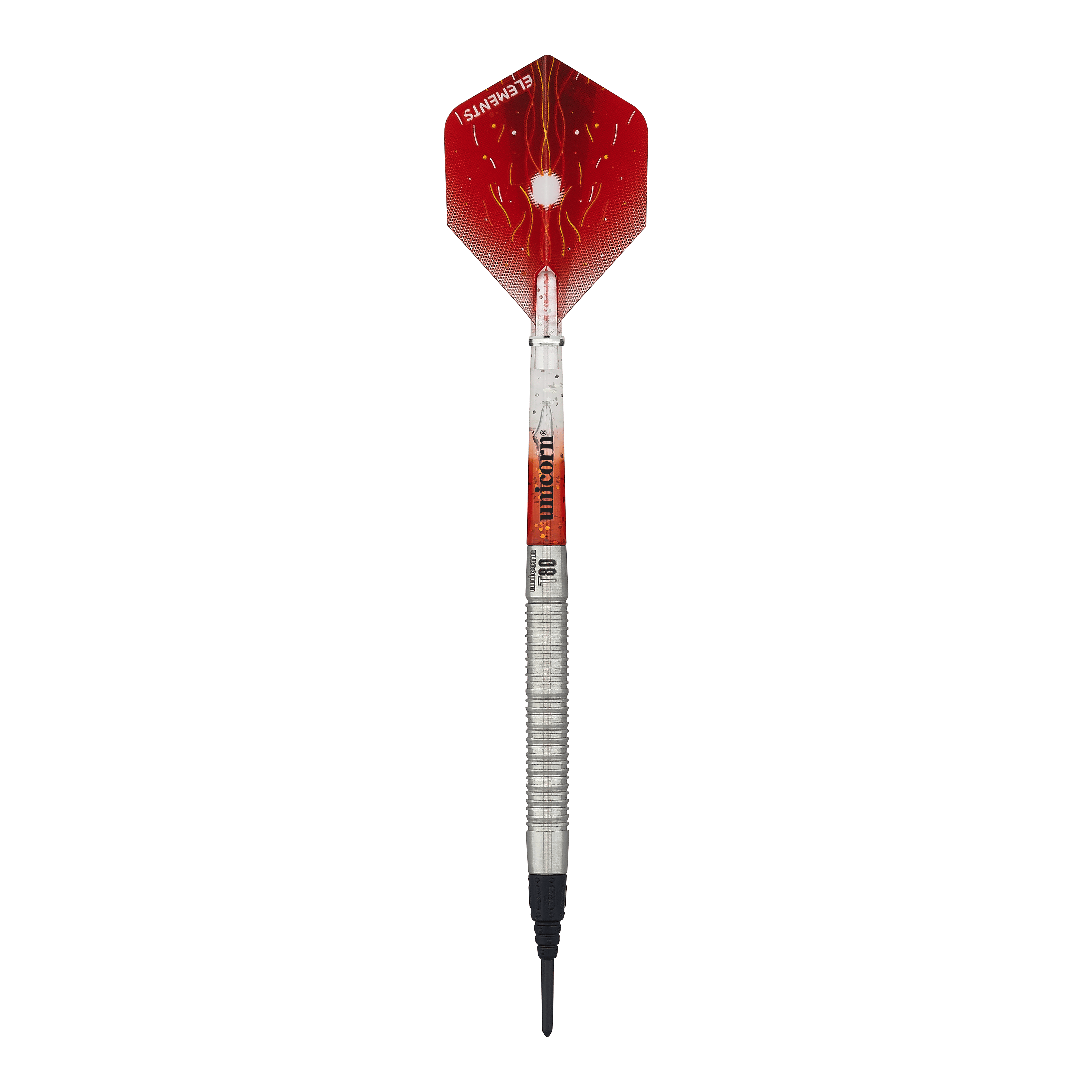 Fléchettes souples Unicorn Core XL Striker Style 1 - 19 g Auf dem Bild ist ein Softdart der Marke Unicorn Core XL Striker Style 1 mit einem Gewicht von 19g zu sehen. Die Flights sind rot mit einem weißen Muster, und der Schaft ist silbern.