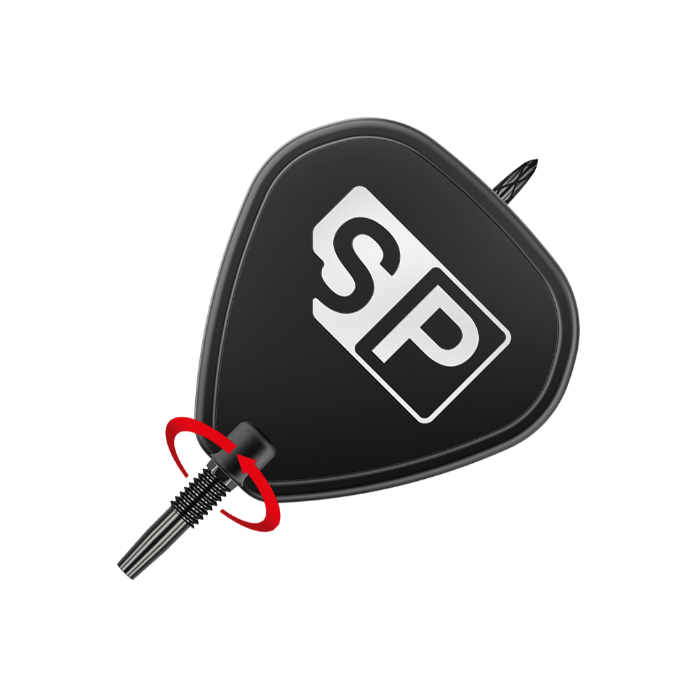 Pointes de fléchettes Target Swiss DS Surge Point - Noir Das Bild zeigt eine schwarze Dartspitze mit der Aufschrift „SP“. Ein roter Pfeil deutet auf das Gewinde hin und zeigt, dass die Spitze eingeschraubt werden kann.