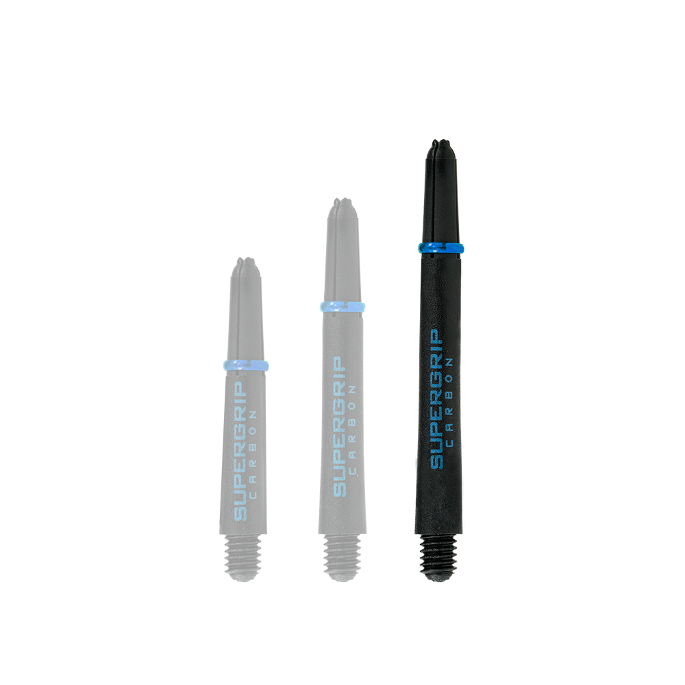 Das Bild zeigt drei Harrows Supergrip Carbon Shafts in der Farbe Aqua. Die Shafts sind unterschiedlich lang und stehen nebeneinander.