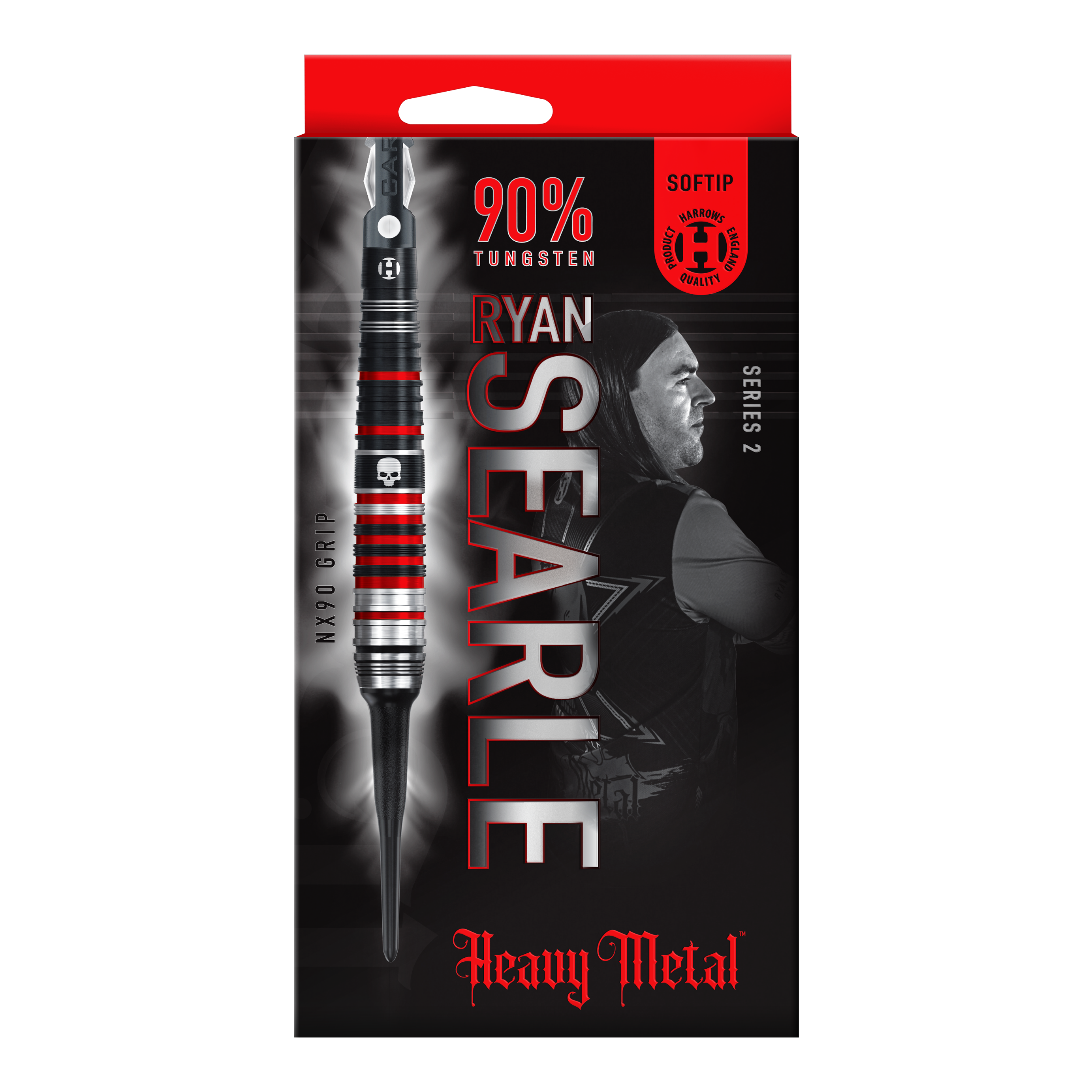 Fléchettes souples Ryan Searle Heavy Metal Series 2 de Harrow Auf dem Bild ist die Verpackung der "Harrows Ryan Searle Heavy Metal Series 2 Softdarts" zu sehen. Die Packung ist überwiegend schwarz mit roten Akzenten und zeigt einen Dartpfeil sowie das Bild eines Spielers.