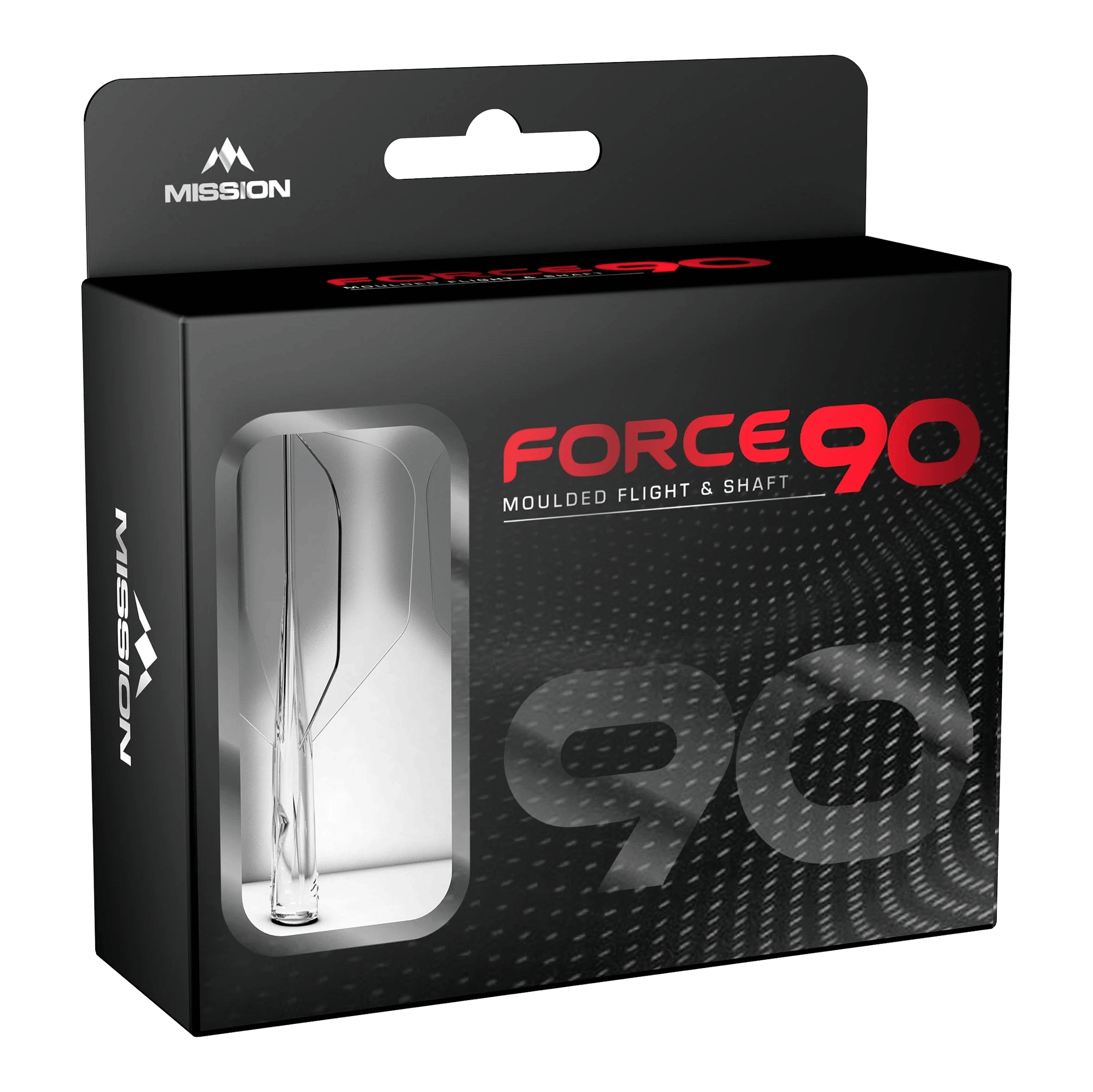 Système d'arbre de transMission Mission Force 90 n° 6 - Transparent Die Abbildung zeigt die Verpackung des Produkts „Mission Force 90 No6 Flight-Shaft-System - Clear“. In der schwarzen Box mit Sichtfenster ist das transparente Flight-Shaft-System zu erkennen.