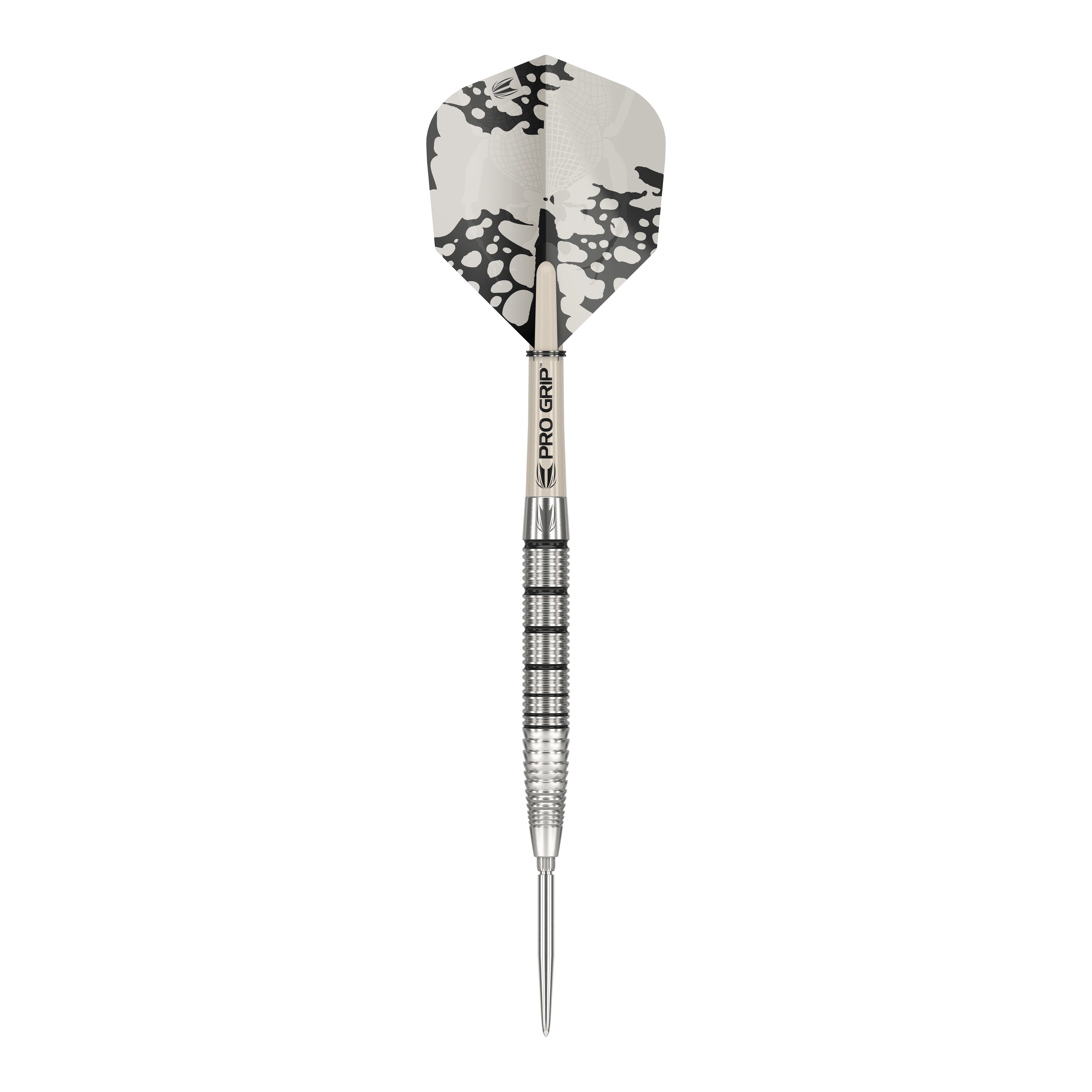 Fléchettes en acier Target EXO SP02 Swiss Point Das Bild zeigt einen Target EXO SP02 Swiss Point Steeldart. Der Dartpfeil hat ein silbernes Griffstück mit schwarzen Rillen und eine schwarz-weiße Flight.