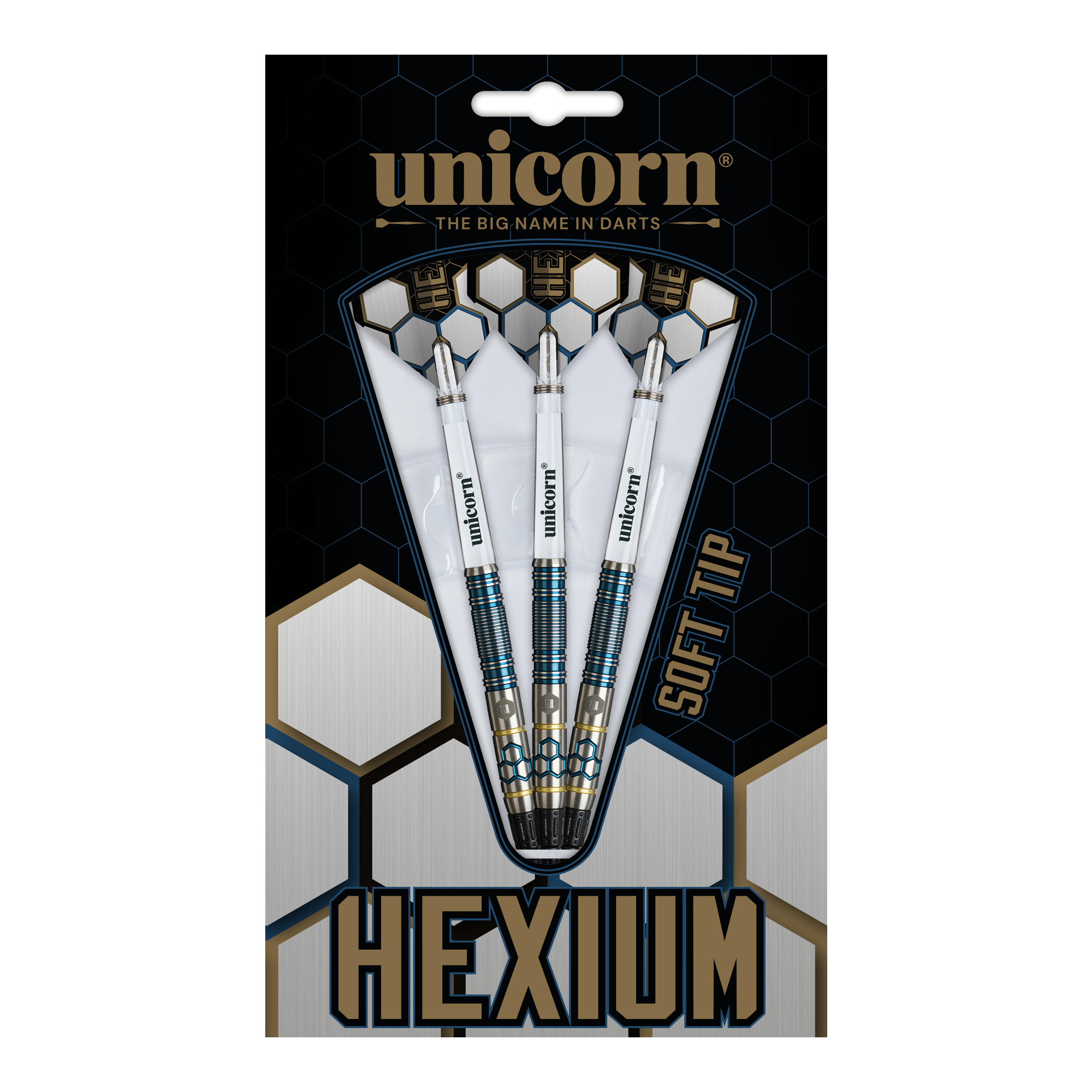 Fléchettes souples Unicorn Hexium Style 02 bleues et dorées - 21 g Unicorn Hexium Style 02 Blue & Gold Softdarts - 21g besticht durch sein modernes Design. Die stilvollen Softdarts sind ideal für Dartbegeisterte.