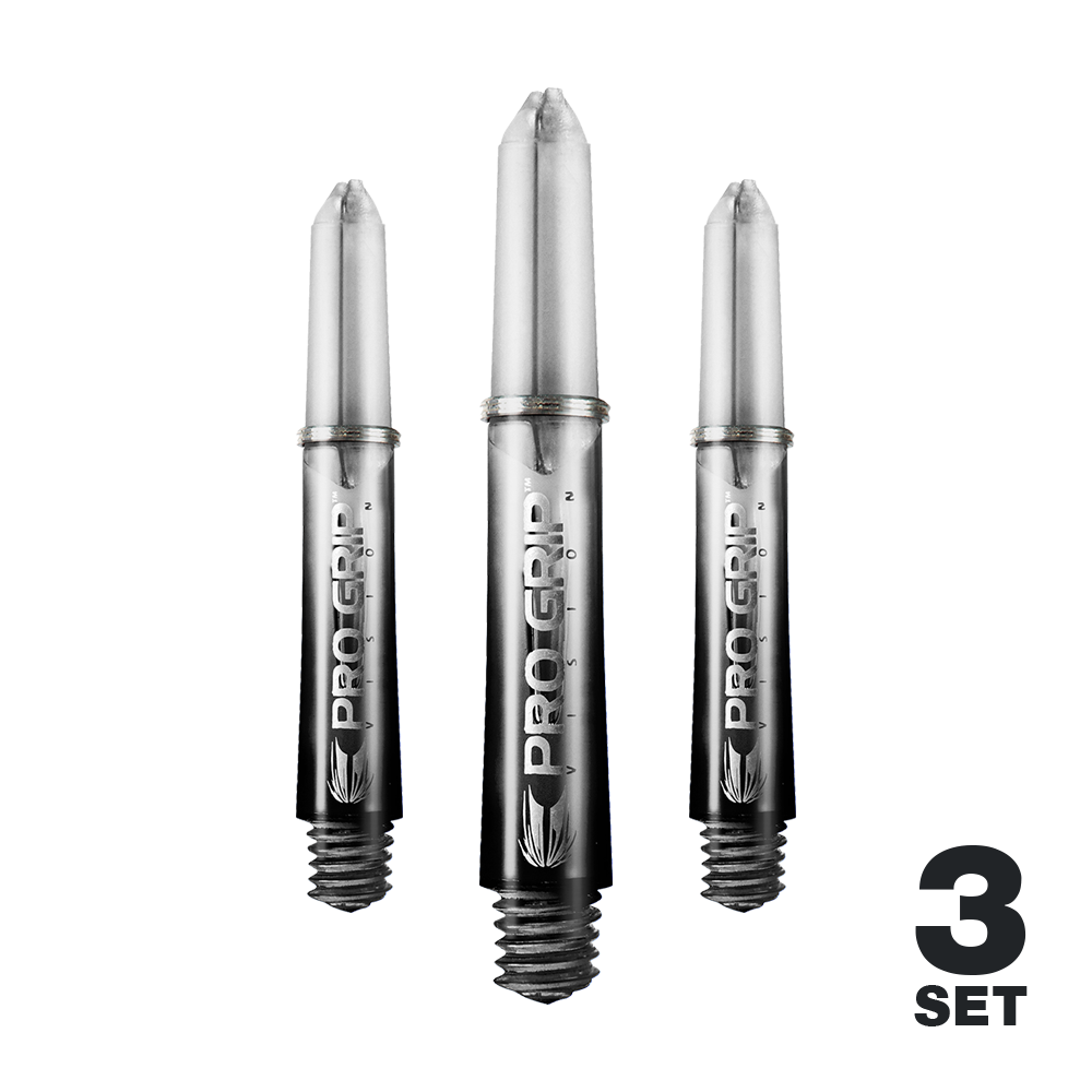 Tiges Target Pro Grip Vision - 3 jeux - Noires Das Bild zeigt drei schwarze Pro Grip Vision Shafts für Darts. Unten rechts steht "3 Set", was auf ein Set mit drei Stück hinweist.