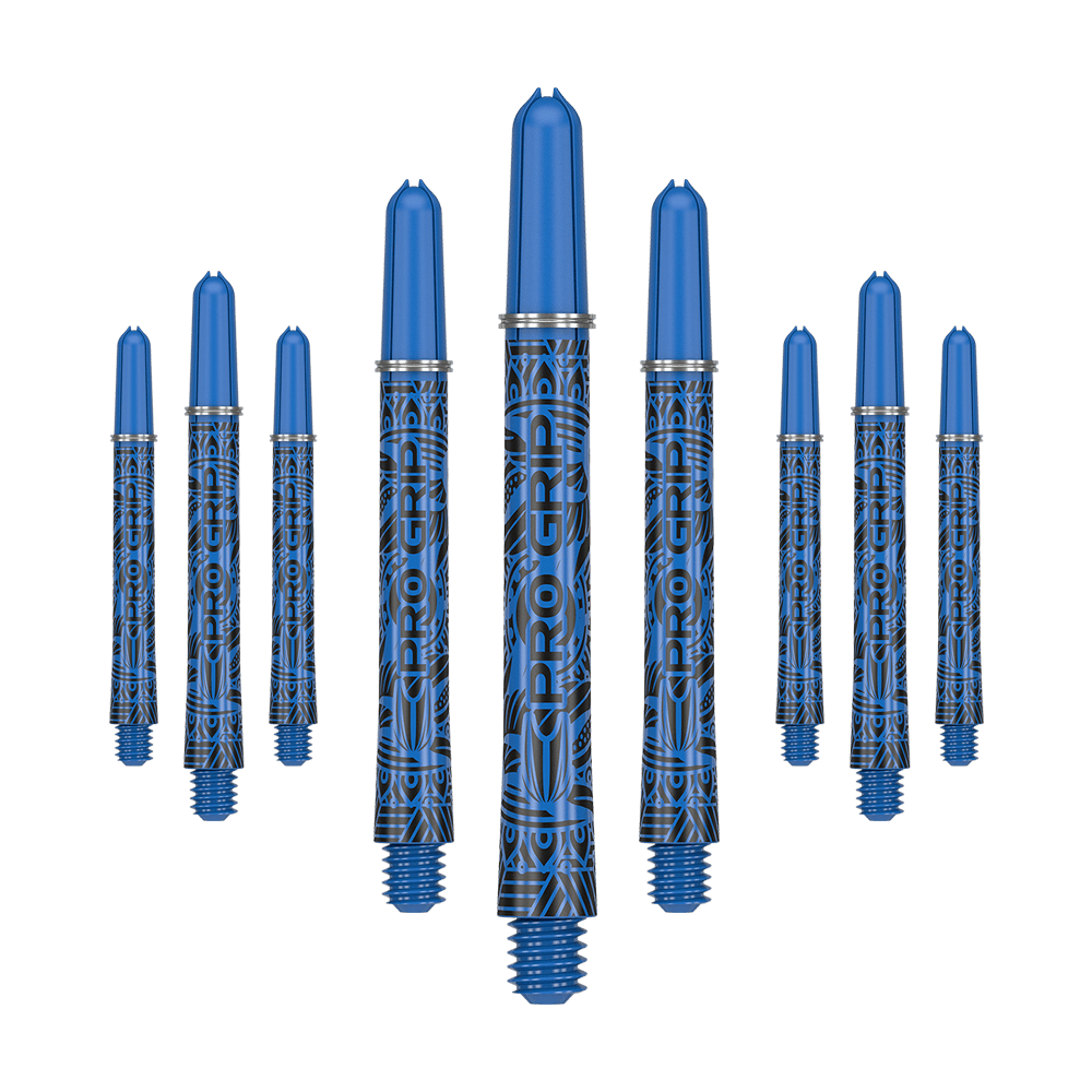 Tiges Target Pro Grip Ink - 3 jeux - Bleues Das Bild zeigt neun blaue Dartschäfte mit schwarzem Muster und der Aufschrift "PRO GRIP". Sie sind in einer Reihe angeordnet, wobei die mittleren Schäfte am größten dargestellt werden.