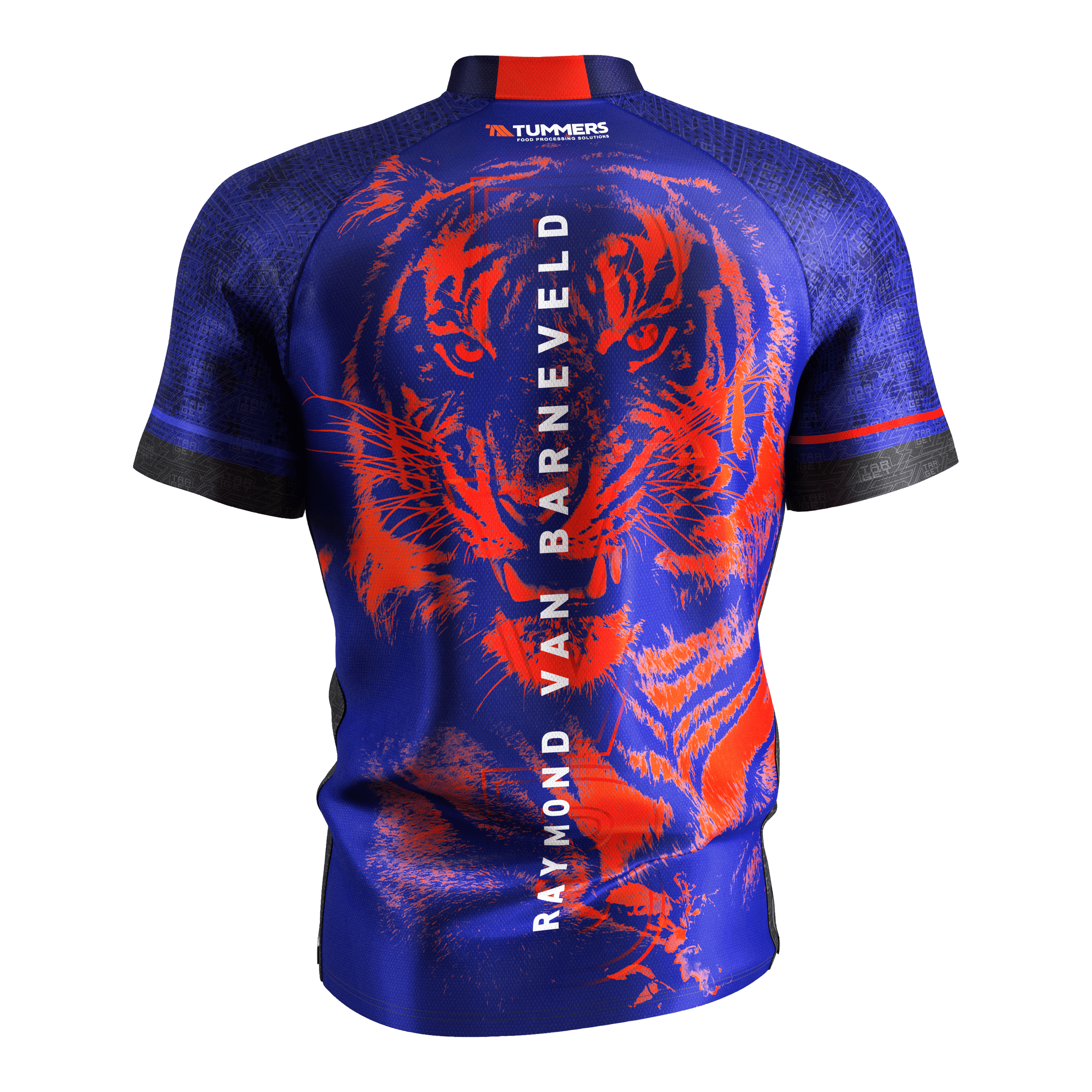 Chemise de fléchettes Target Coolplay Raymond Van Barneveld 2025 Das Bild zeigt das Target Coolplay Raymond Van Barneveld 2025 Dartshirt von hinten. Auf dem blauen Shirt ist ein auffälliger roter Tiger sowie der Name "Raymond Van Barneveld" vertikal zu sehen.