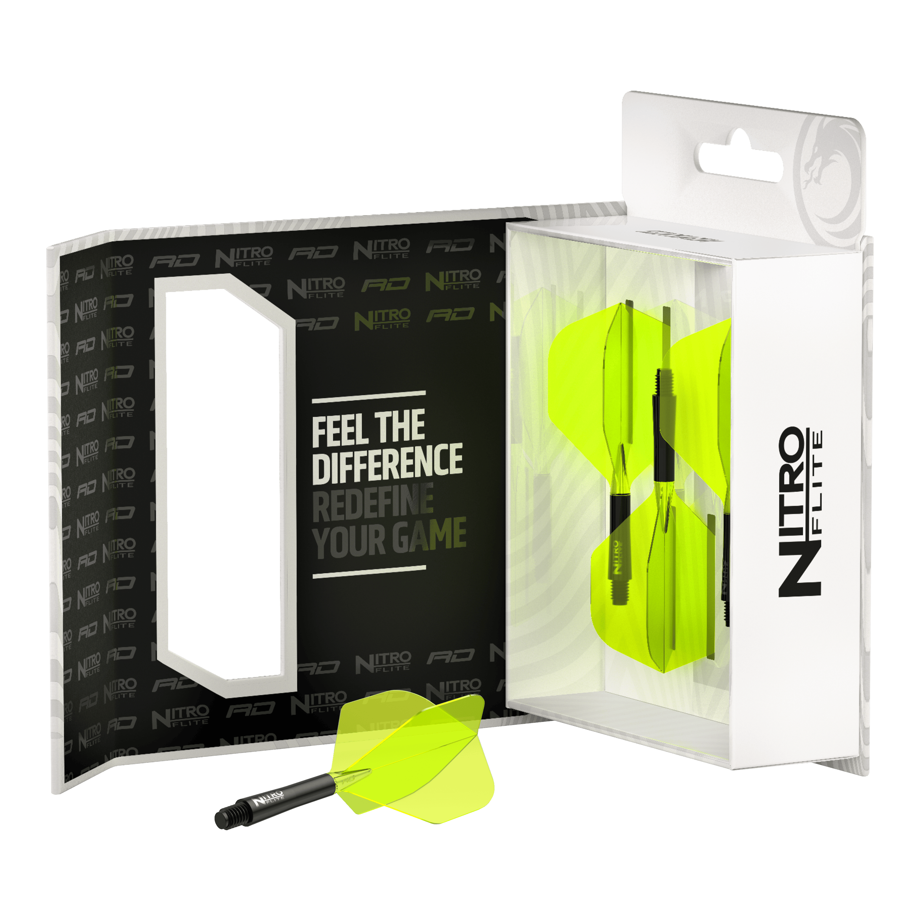 Red Dragon Nitroflite - Tige noire Ailettes jaunes n°2 Das Bild zeigt das Produkt "Red Dragon Nitroflite - Black Shaft Yellow No2 Flights" in seiner Verpackung. Die Dartflights sind gelb und haben schwarze Schäfte.