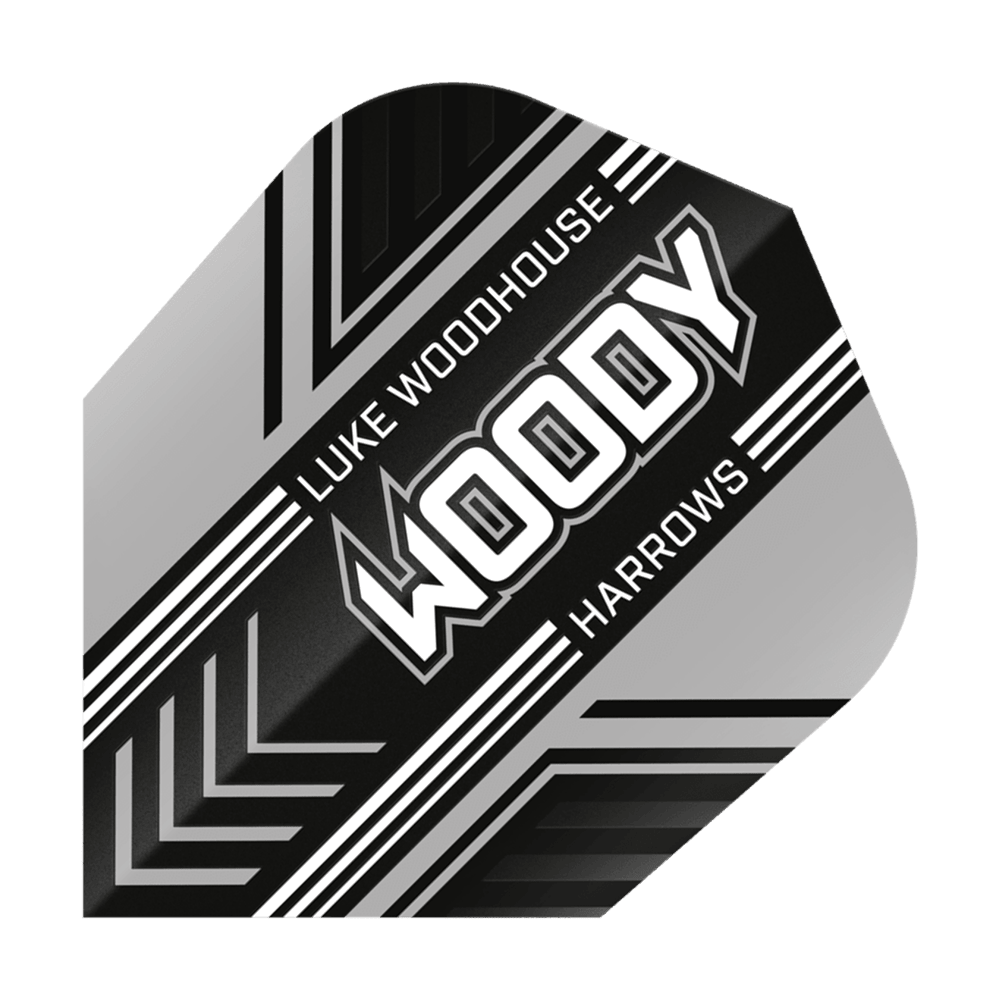 Harrows Prime Luke Woodhouse Woody No6 Vols Das Bild zeigt ein Dartflight mit dem Namen "Harrows Prime Luke Woodhouse Woody No6". Das Design ist schwarz, weiß und silber mit dem Schriftzug "WOODY" in der Mitte.