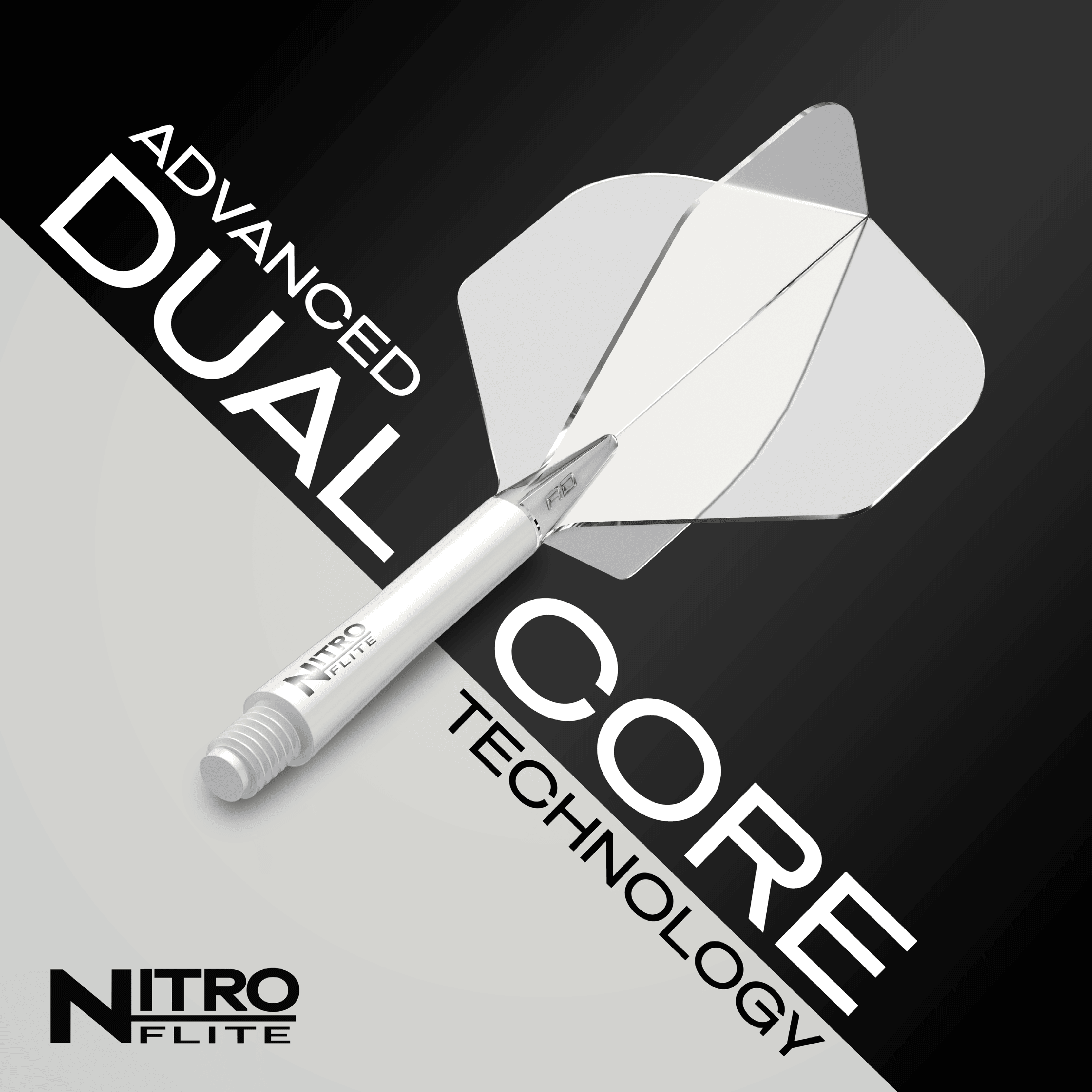 Ailettes Red Dragon Nitroflite - Tige blanche transparente n°2 Das Bild zeigt das Produkt "Red Dragon Nitroflite - White Shaft Clear No2 Flights". Auf dem Bild sind die Begriffe "Advanced Dual Core Technology" sowie das Produkt selbst gut sichtbar.